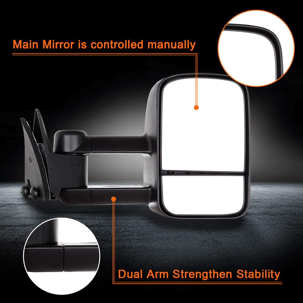 ROADFAR Manual Towing Mirrors for 1988-2001 Chevy C3500 & 1992-1999 GMC Suburban - Left & Right Side Non-Heated Tow Mirrors Without Turn Signal | Perfect for Towing Trailers, Boats & Campers