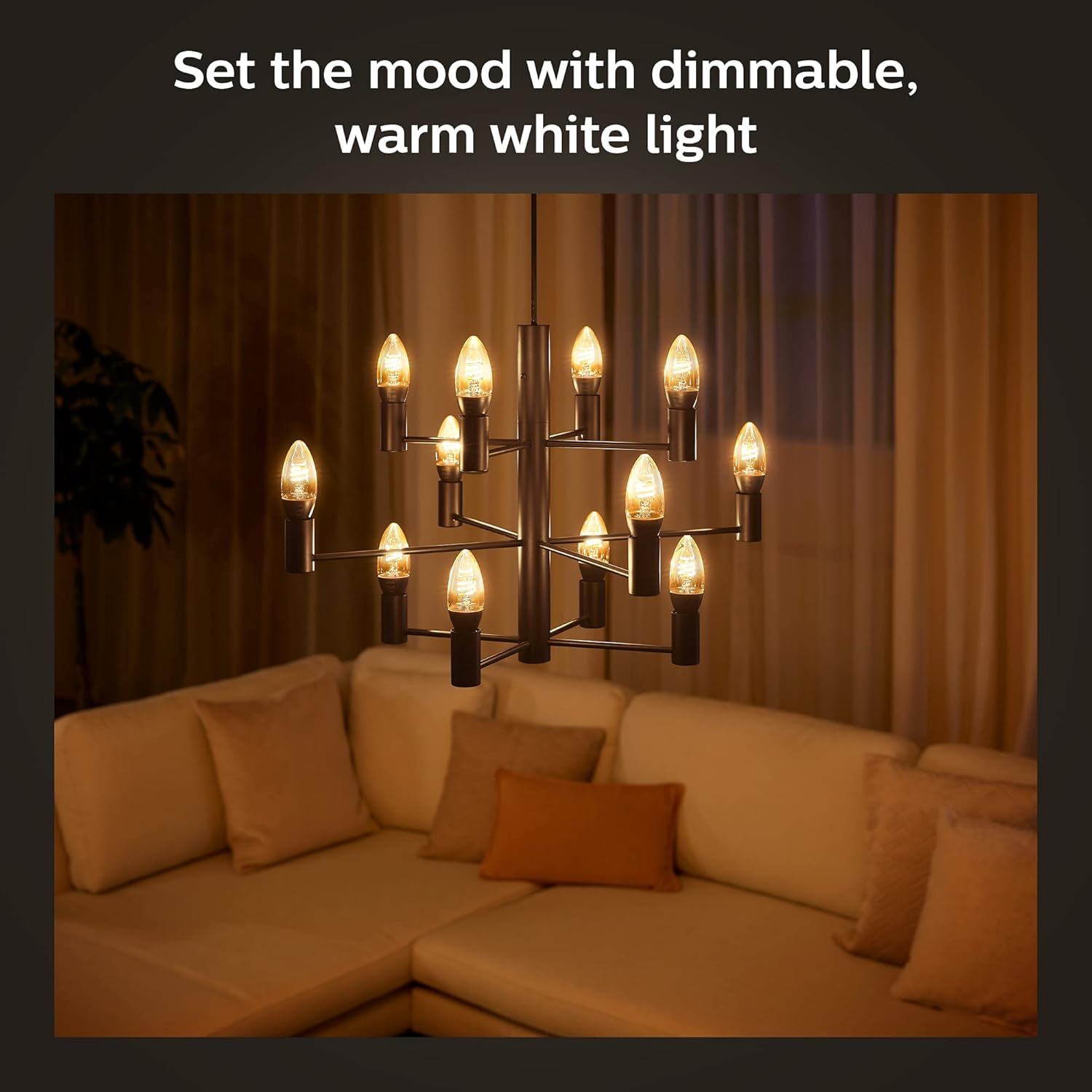 Philips Hue Smart 25W Candle-Shaped Filament LED Bulb - 4 Pack Soft Warm White Light (270LM, E12 Base) - Works with Alexa, Google Assistant & Apple HomeKit - Smart Home Lighting for Bedroom, Living Room & Dining Room