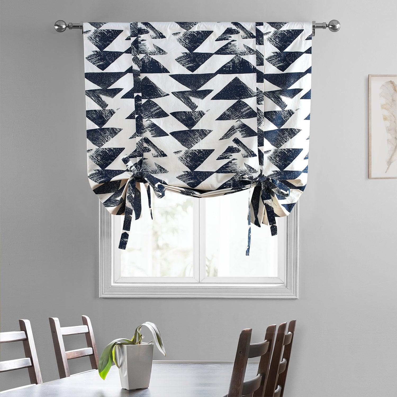 Triad Indigo Geometric Printed Cotton Blackout Window Shade - Stylish Room Darkening Tie Up Curtain for Bedroom, Living Room & Nursery