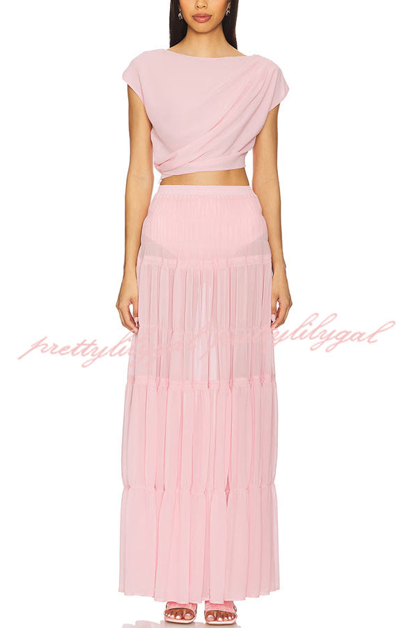 Elegant Chiffon Ruched Shoulder Short Sleeve Crop Top Women's Fashion Blouse for Summer Outfits, Date Night & Party Wear