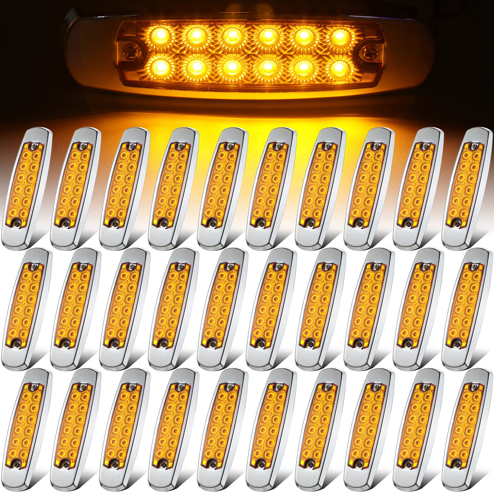 30 Pcs Amber LED Side Marker Clearance Lights - 6.4 Inch Truck Trailer Lights with 12 Diodes - Waterproof Turn Signal Indicators for Pickup, Tractor, Van, RV & Camper - Perfect for Night Driving & Road Safety