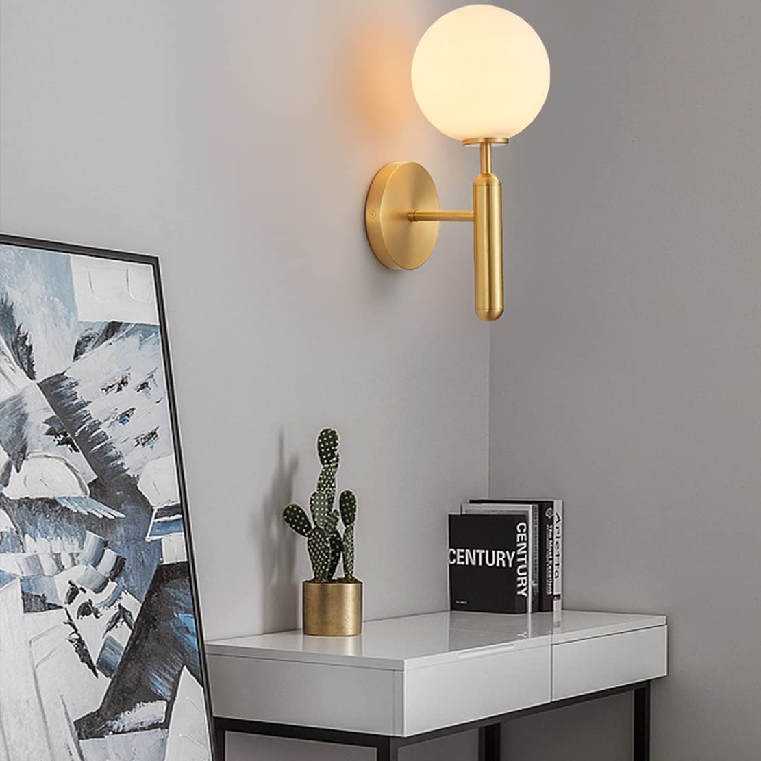 KCO Lighting Brass Wall Sconces - Set of 2 Modern Milk Glass Globe Lights with Brushed Gold Finish | Mid-Century Bedside & Bathroom Wall Light Fixtures for Home Decor