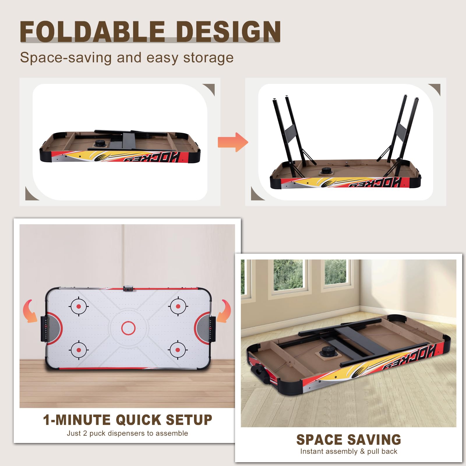 58in Foldable Air Hockey Table with Strong Motor & LED Scoreboard - 2 Pucks & 2 Pushers Included - No Assembly Required (Red & Yellow) - Perfect for Family Game Nights, Kids Parties & Indoor Entertainment