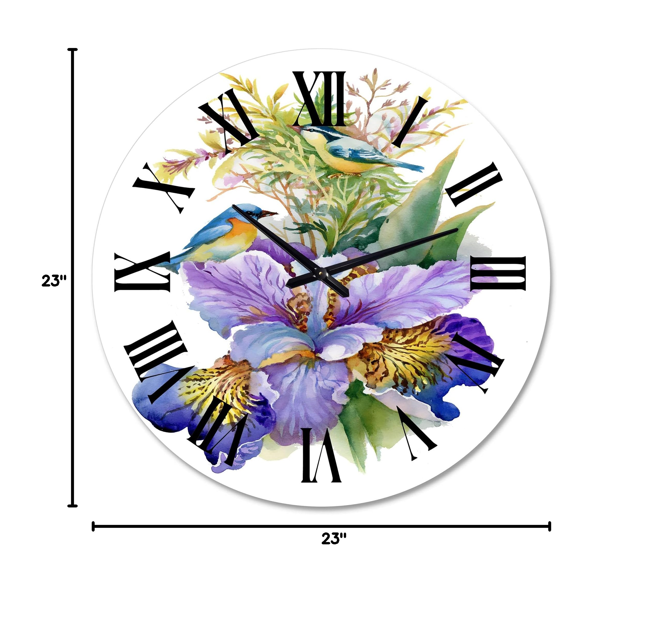 Large Purple Iris with Birds Wall Clock - Floral & Botanical Decor for Living Room, Bedroom, Office | Silent Non-Ticking Modern Home Décor