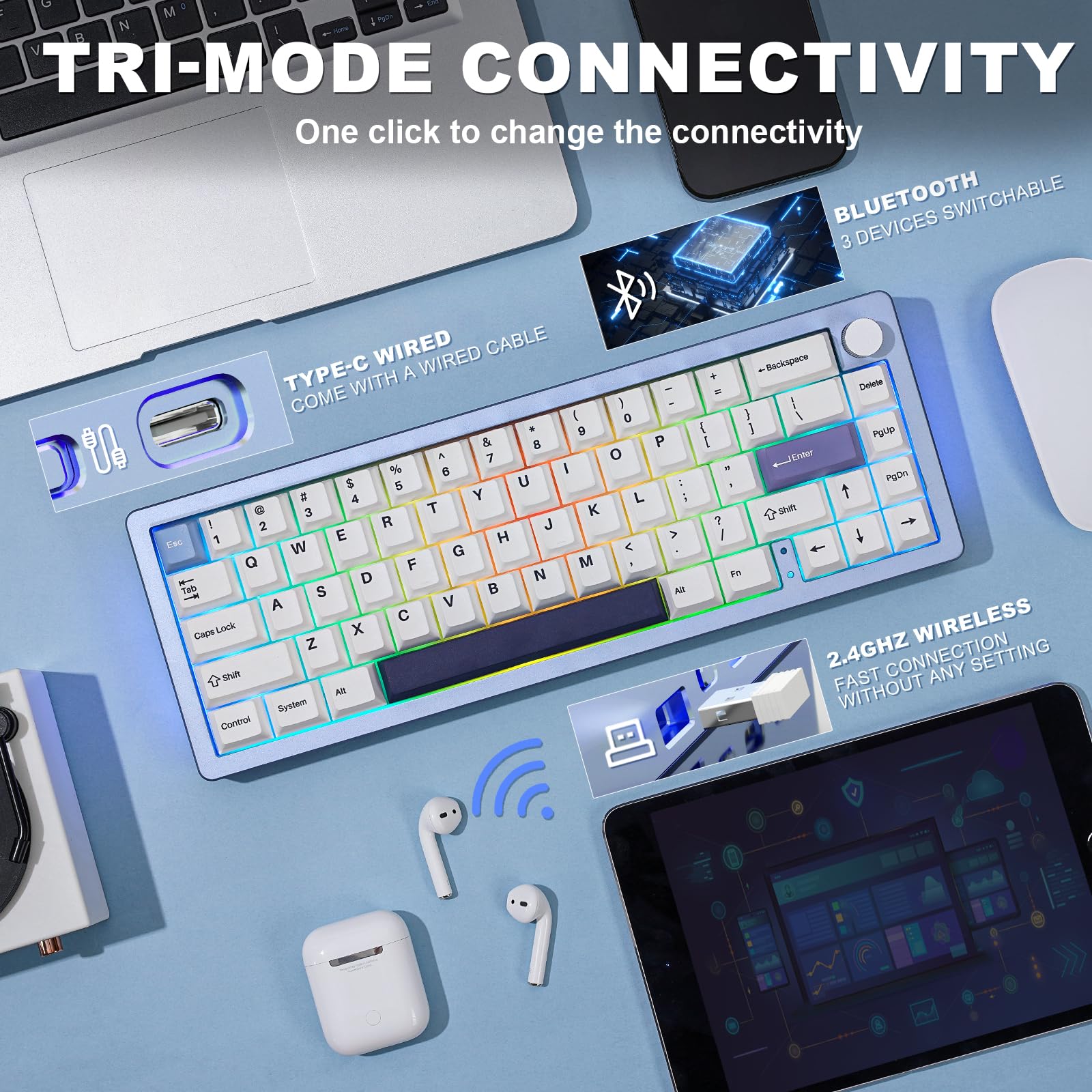 YUNZII AL66 65% Wireless Mechanical Keyboard with Knob Control - Bluetooth/2.4G/Wired Aluminum Gaming Keyboard, Hot Swappable Pre-lubed Switches, Gasket Mounted RGB Backlit for Windows/Mac (Milk Switch, Blue) - Perfect for Gaming, Office Work & Typing Enthusiasts