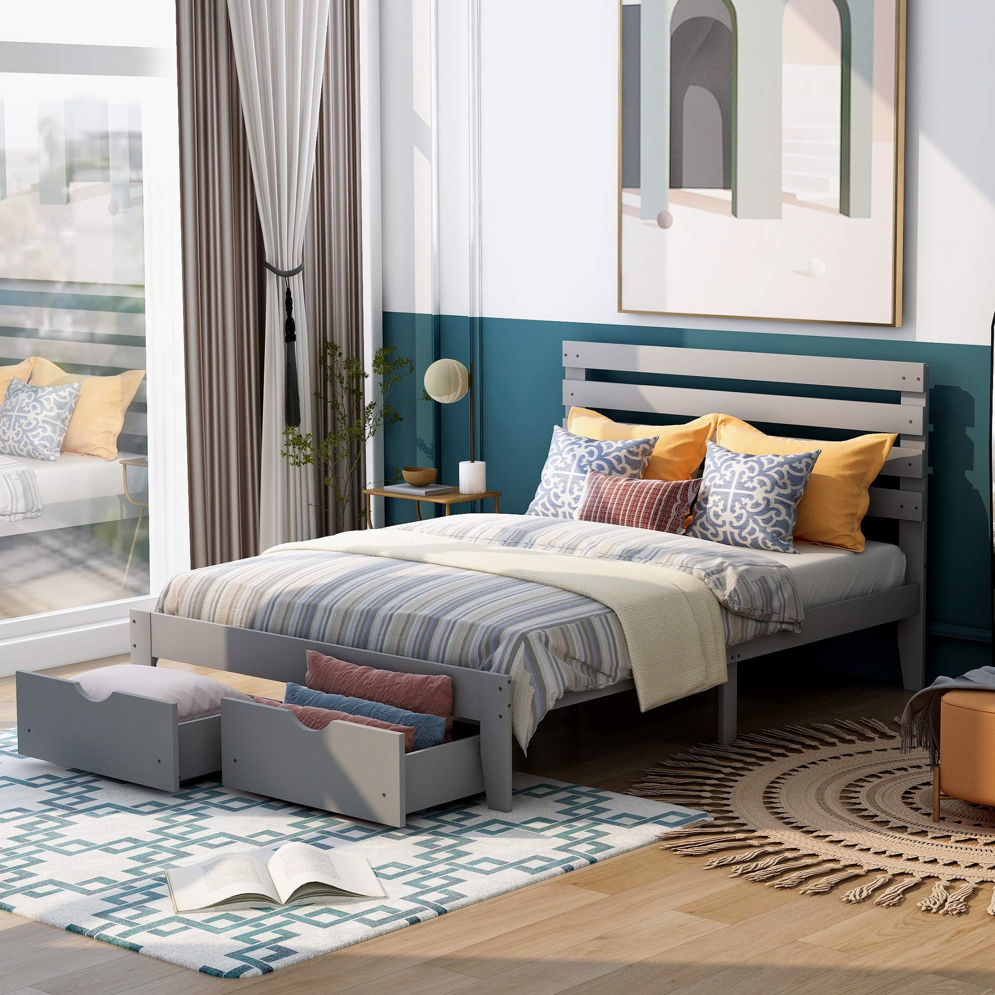 Full Size Platform Bed Frame with Headboard & Storage Drawers - Solid Wood Bed Frame No Box Spring Needed, Grey - Perfect for Modern Bedrooms, Guest Rooms & Small Spaces