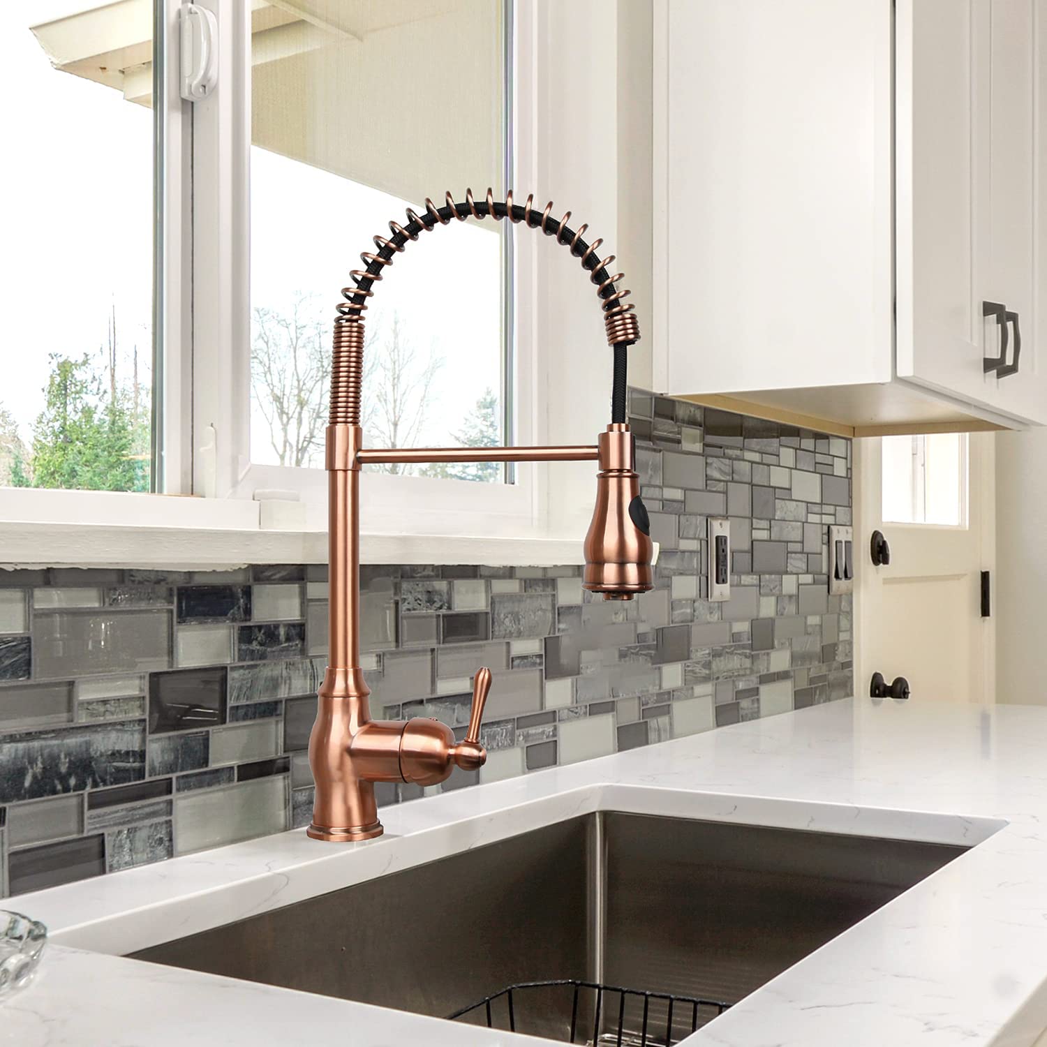 Akicon Single Handle Pull-Down Kitchen Faucet with Spring Spout - Brushed Copper Finish for Modern Farmhouse & Industrial Style Kitchens
