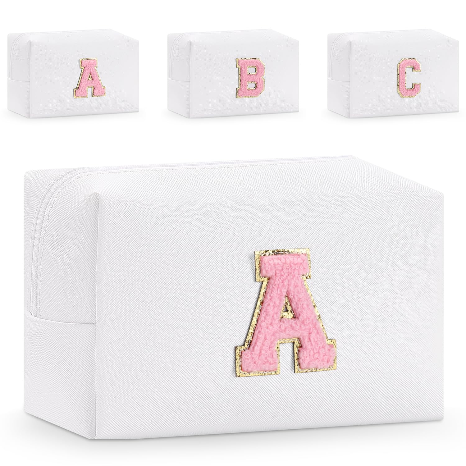 Personalized Initial Letter Makeup Bag for Women - Cute Waterproof PU Leather Cosmetic Bag, Travel Toiletry Organizer with Zipper (A, White) - Perfect for Travel, Gym & Daily Makeup Storage