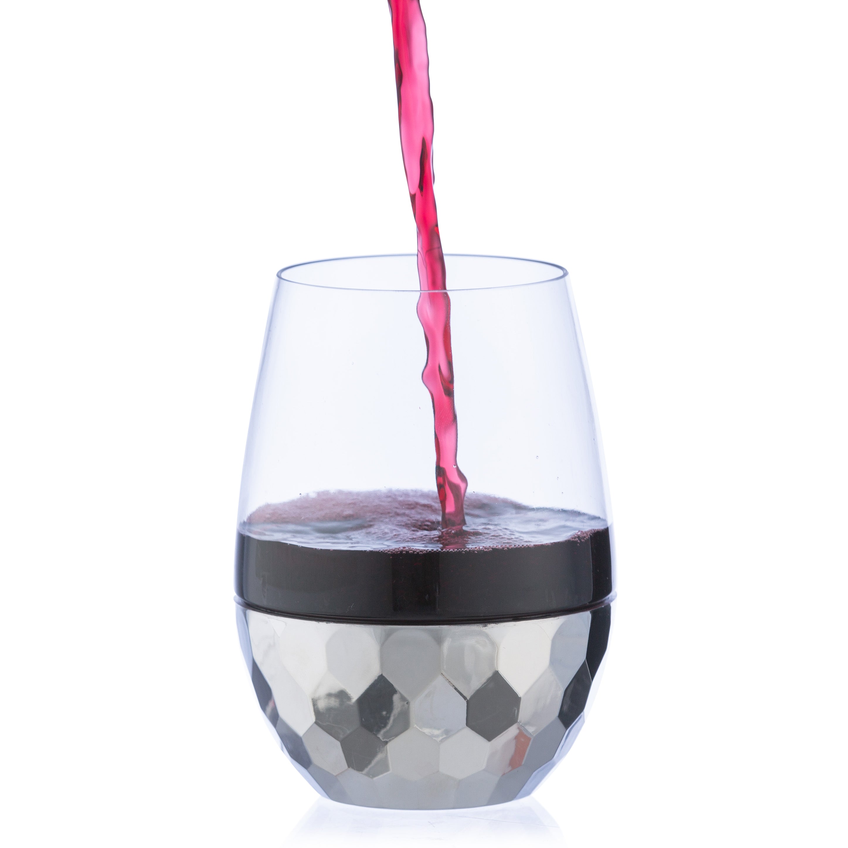16 Oz Clear Stemless Wine Glasses with Hammered Silver Design - Set of 6 Shatterproof Goblets for Parties, Weddings & Home Entertaining