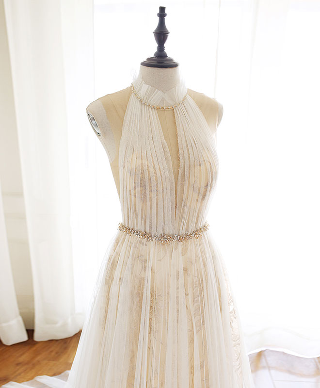 Elegant Champagne Tulle Lace Long Prom Dress for Women - Formal Evening Gown for Homecoming, Wedding, Ball - Perfect for Special Occasions & Red Carpet Events