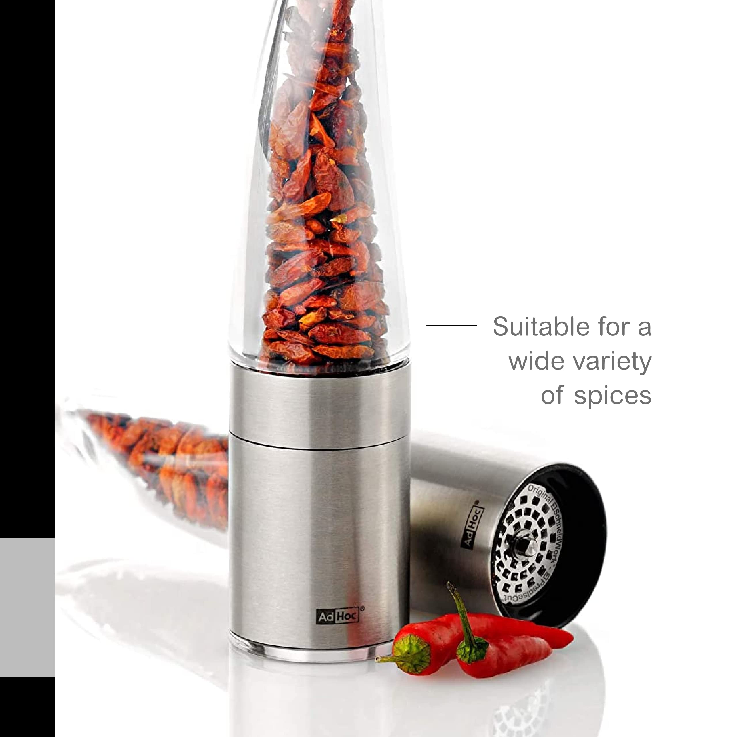 AdHoc Pepe Chili Cutter and Spice Grinder - Stainless Steel & Acrylic Manual Mill for Dried Chili, Herbs & Spices - Easy Clean with Stainless Steel Blades - Perfect for Cooking, Baking & Seasoning Dishes