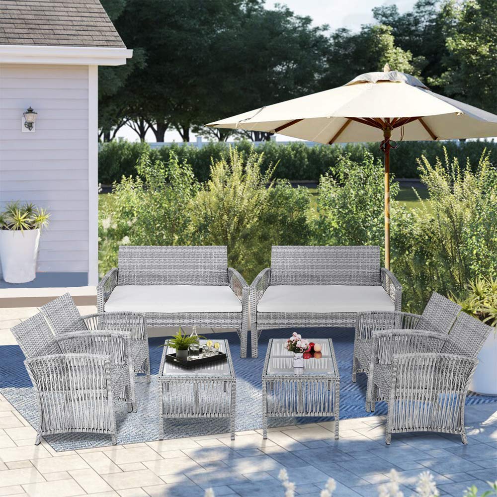 Teeker 8-Piece Outdoor Rattan Patio Furniture Set - Wicker Sofa, Chairs & Table for Garden, Backyard, Porch, Poolside (Gray) | Perfect for Relaxing, Entertaining & Outdoor Dining