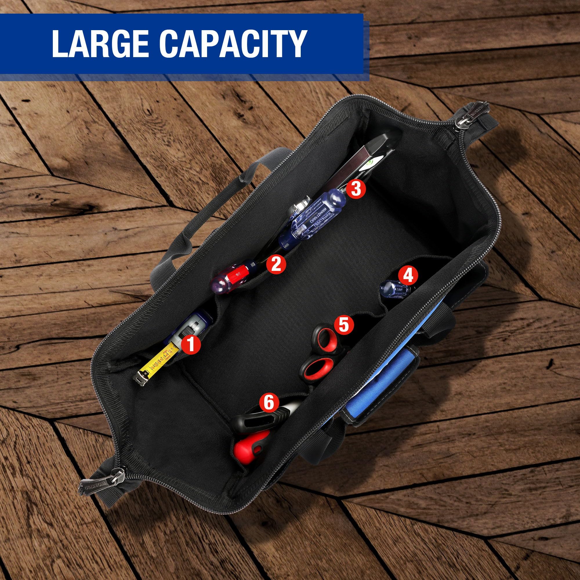 WORKPRO 18-inch Heavy Duty Tool Bag with Adjustable Shoulder Strap, Wide Mouth Storage & Reinforced Bottom - Perfect for Electricians, Plumbers & DIY Home Repairs
