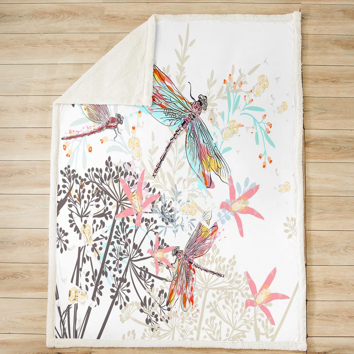Feelyou Dragonfly Fleece Sherpa Throw Blanket - Ultra Soft Cozy Fluffy Flowers Fuzzy Blanket for Women & Adults - 90