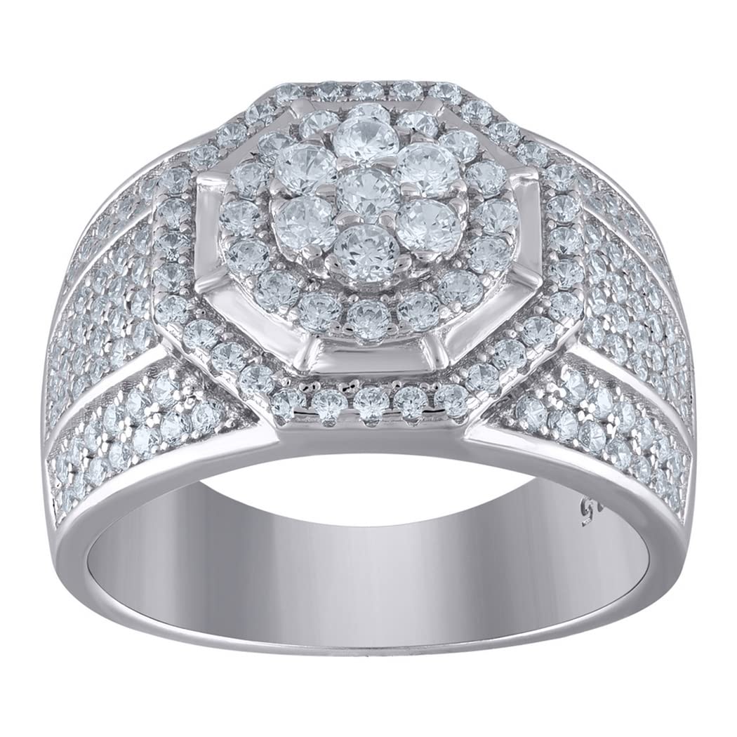 925 Sterling Silver Men's CZ Cubic Zirconia Hexagon Head Fashion Ring - Simulated Diamond Wedding Band Jewelry Gift for Him (Sizes 7-12) - Perfect for Anniversary, Engagement & Everyday Wear
