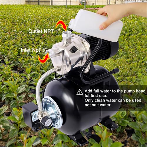 1.6HP Shallow Well Pump with Pressure Tank - 1000 GPH 1200W Automatic Water Booster Pump for Home, Garden, Lawn & Farm Irrigation | Stainless Steel Head | Black | Perfect for Watering Plants, Lawn Care & Agricultural Use