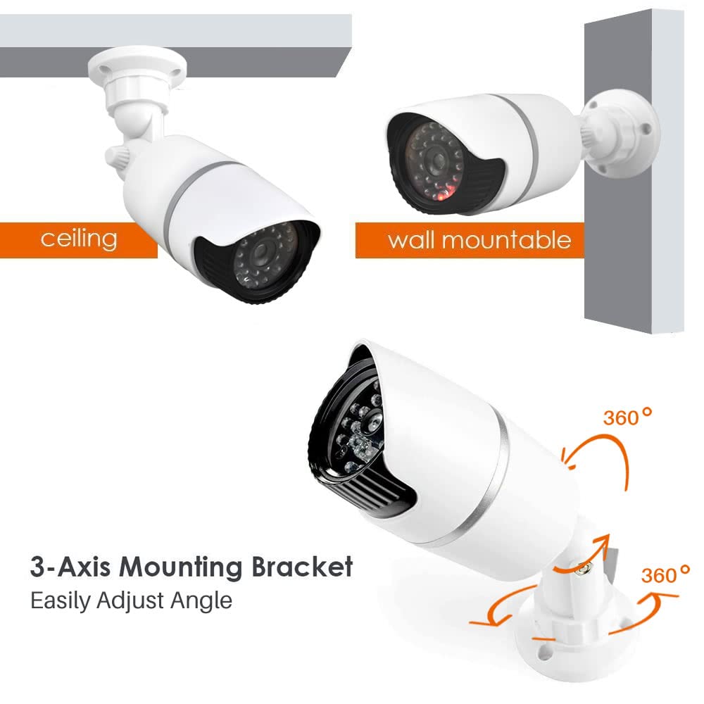 JUSTOP 2 Pack Fake Security Cameras with Flashing LED - Dummy Bullet CCTV Surveillance Camera for Indoor Outdoor Use - Waterproof, Black & White Professional Design - Ideal for Home, Office, and Business Security