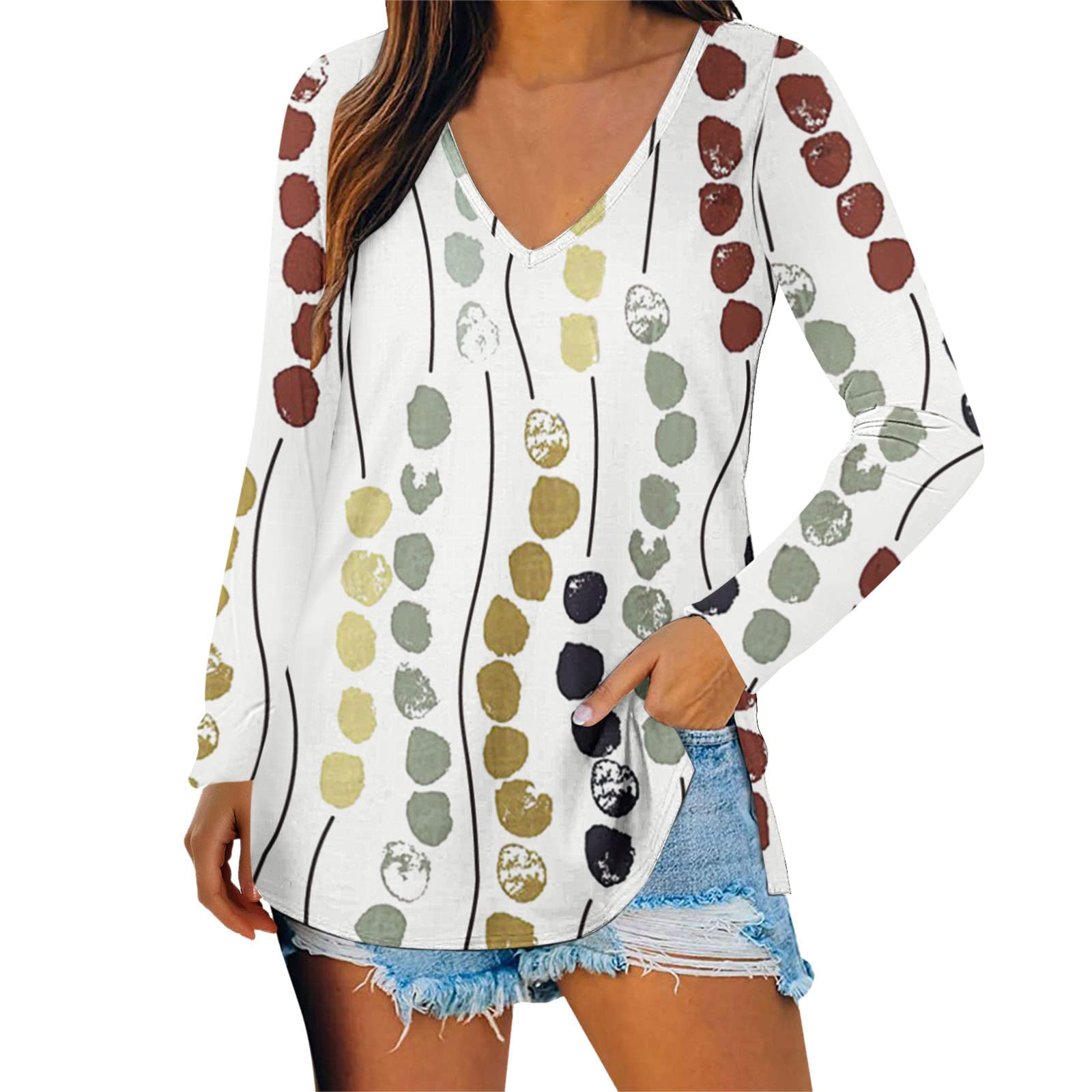 Women's Casual Feather Floral Dot Print V-Neck Long Sleeve T-Shirt Blouse - Summer Fashion Top for Work, Date & Everyday Wear
