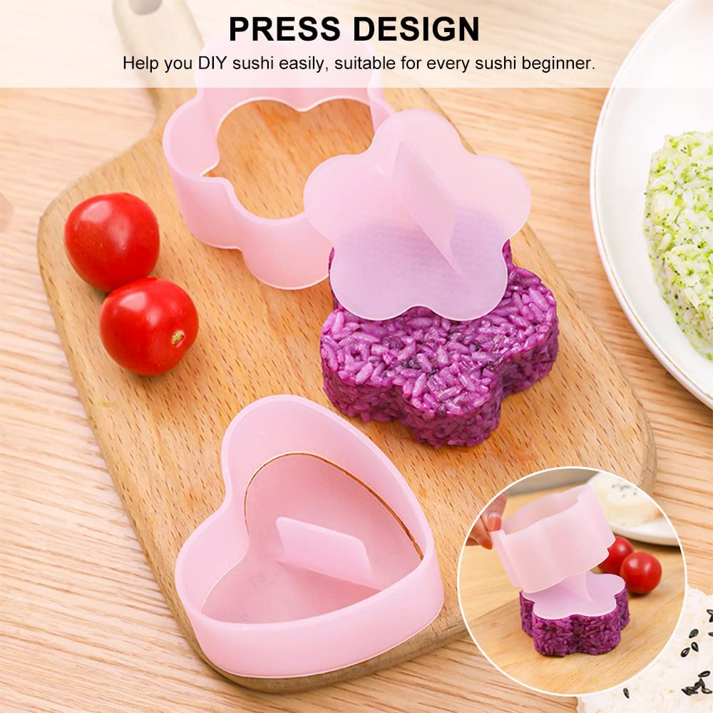 4PCS Pink Onigiri Mold Sushi Making Kit - Triangle, Heart, Bear & Plum Blossom Rice Ball Molds with Rice Paddle - DIY Bento Tools for Kids, Home Cooking & Japanese Food Lovers - Perfect for School Lunches, Party Snacks & Family Meal Prep