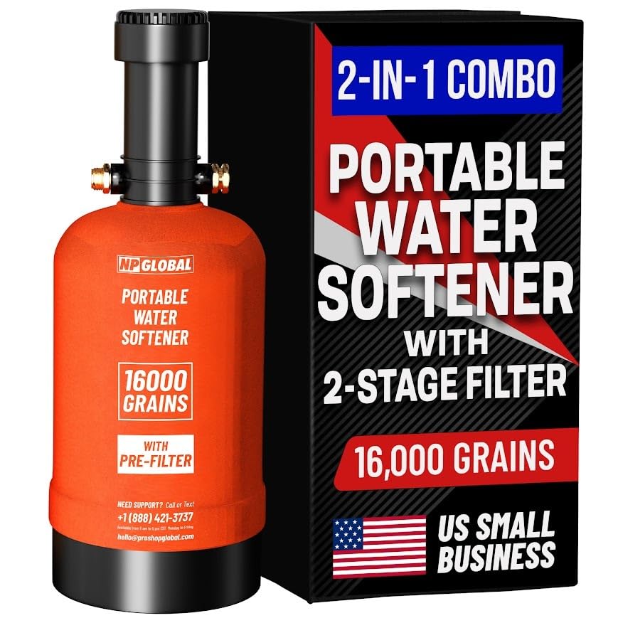 Portable RV Water Softener with 2-Stage Filtration System - 16,000 Grain Capacity, 3/4