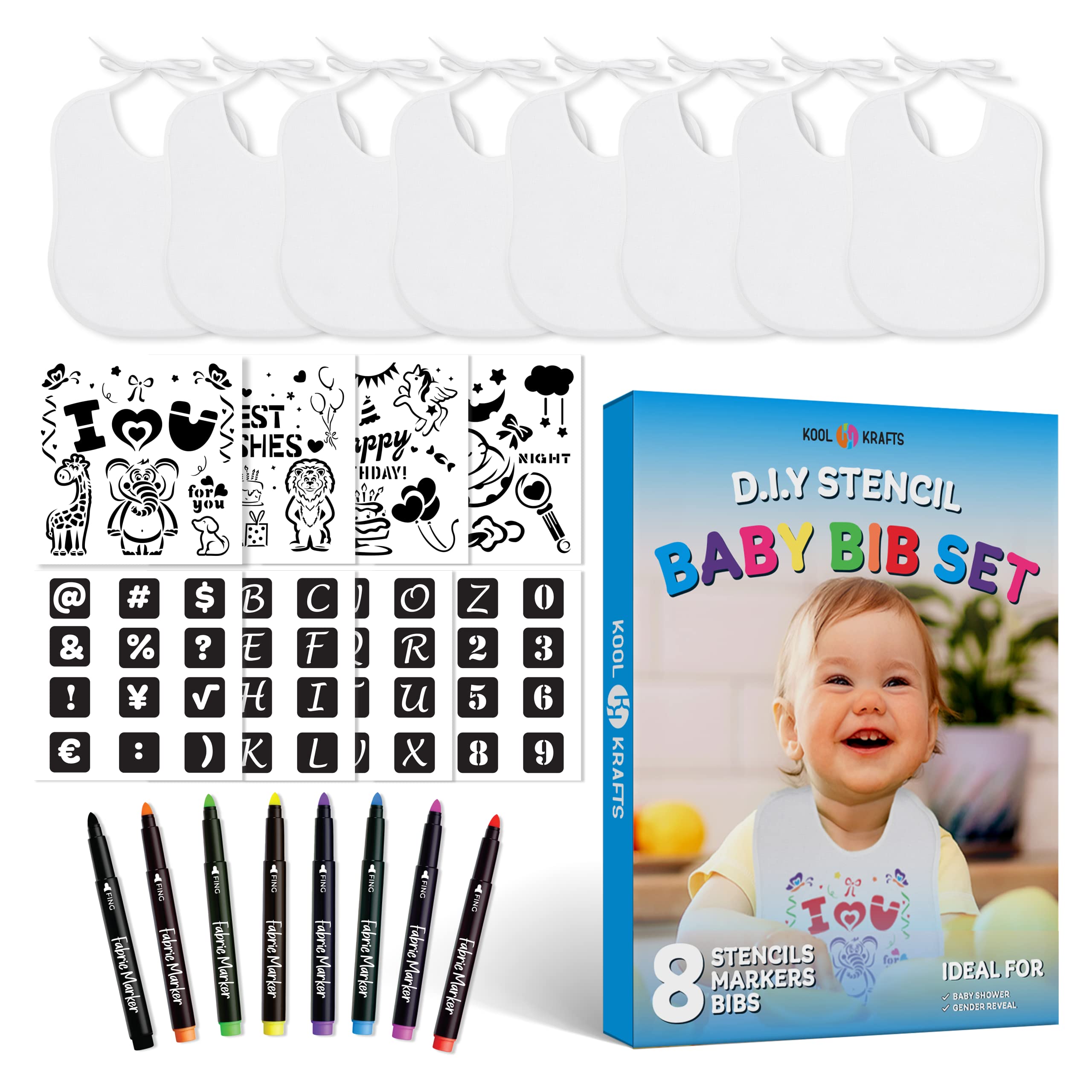 Baby Bibs Set - 2-Ply Knit Terry Cloth Feeding Bibs (8 Pack) with Fabric Markers & Stencils - Perfect for Baby Showers, Gender Reveals, and Registry Gifts - Ideal for Messy Meals, Art Activities, and Special Occasions