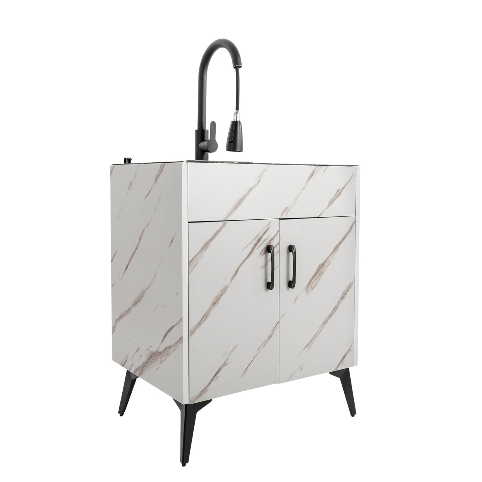 Freestanding Utility Sink with Cabinet - Heavy Duty White Laundry Tub for Kitchen, Basement & Laundry Room | Durable Stainless Steel Basin for Washing Clothes, Cleaning Tools & Household Chores