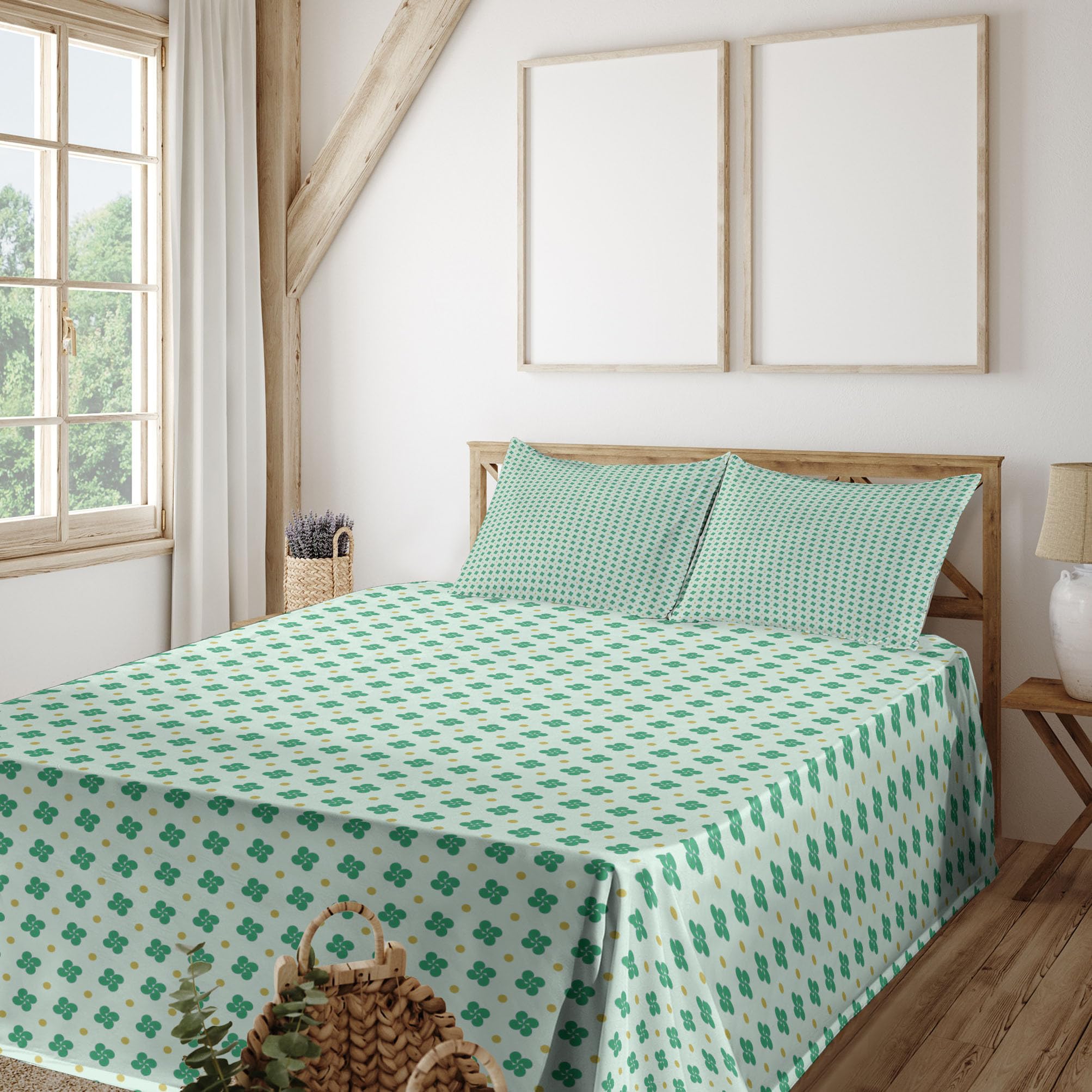 Ambesonne Floral Sheet Set - Modern Polka Dots & Shamrock Leaves Design, 4-Piece King Size Bedding Set with Fitted Sheet, Flat Sheet & Pillowcases in Mint Green Khaki | Perfect for Guest Rooms, Master Bedrooms & Bohemian Home Decor