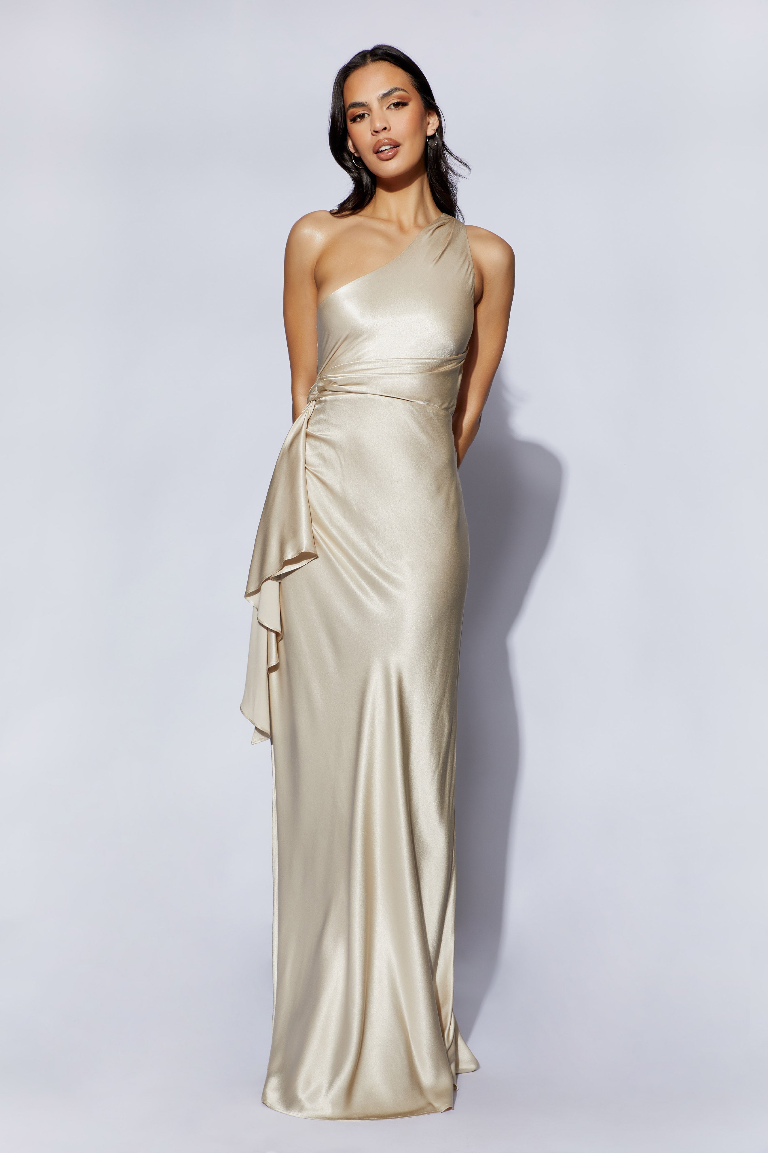 Calliope One Shoulder Maxi Dress in Blush Gold - Elegant Evening Gown for Weddings, Parties & Special Occasions