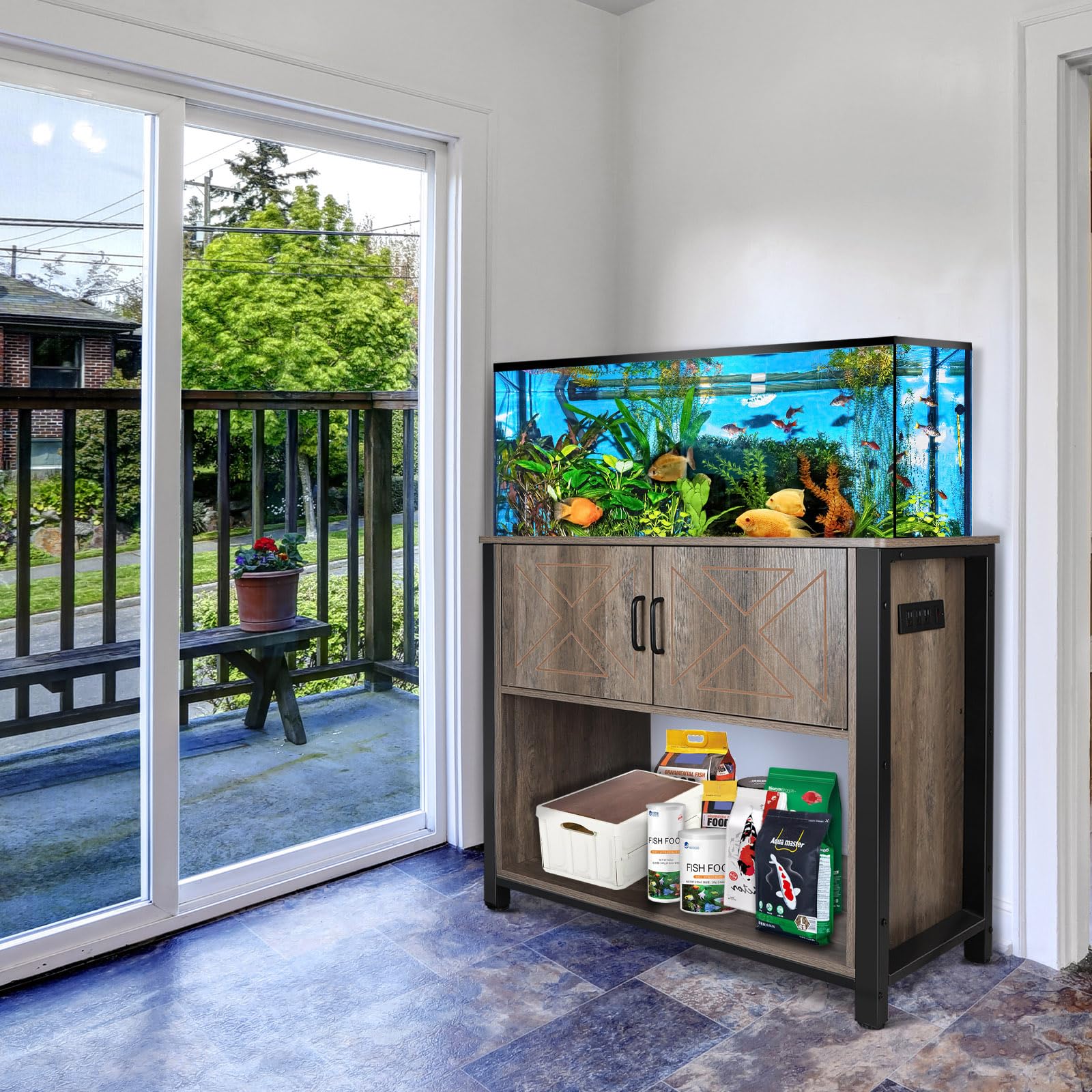 40 Gallon Aquarium Stand with Cabinet & Power Outlets - Heavy Duty Metal Fish Tank Stand for 40-50 Gallon Breeder & Turtle Tanks - Double Terrarium Stand with 660LBS Capacity, Grey - Perfect for Reptile Enclosures & Aquatic Pet Habitats