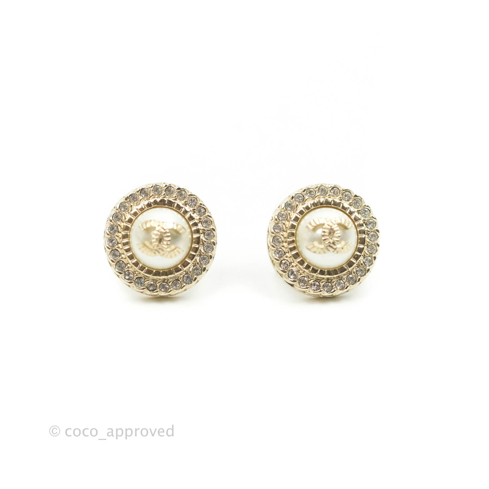 Chanel CC Pearl Crystal Round Earrings Gold Tone 21B - Luxury Fashion Jewelry for Women | Perfect for Parties, Weddings & Special Occasions
