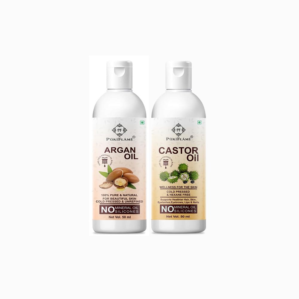PuriFlame 100% Pure Argan Oil & Castor Oil Combo Set (50ML Each) - Natural Hair Growth Treatment for Thicker, Stronger Hair | Reduces Hair Fall & Split Ends | Nourishes for Soft, Shiny Hair | Perfect for Daily Hair Care & Scalp Massage