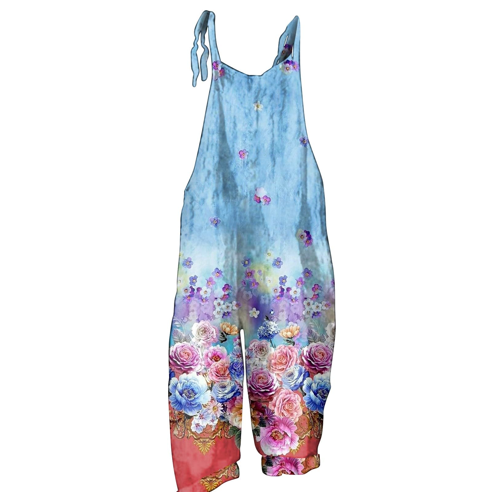 Women's Boho Floral Overalls - Loose Fit Wide Leg Jumpsuit with Pockets & Patchwork Bib | Summer Casual Outfit, Music Festival, Beach Vacation