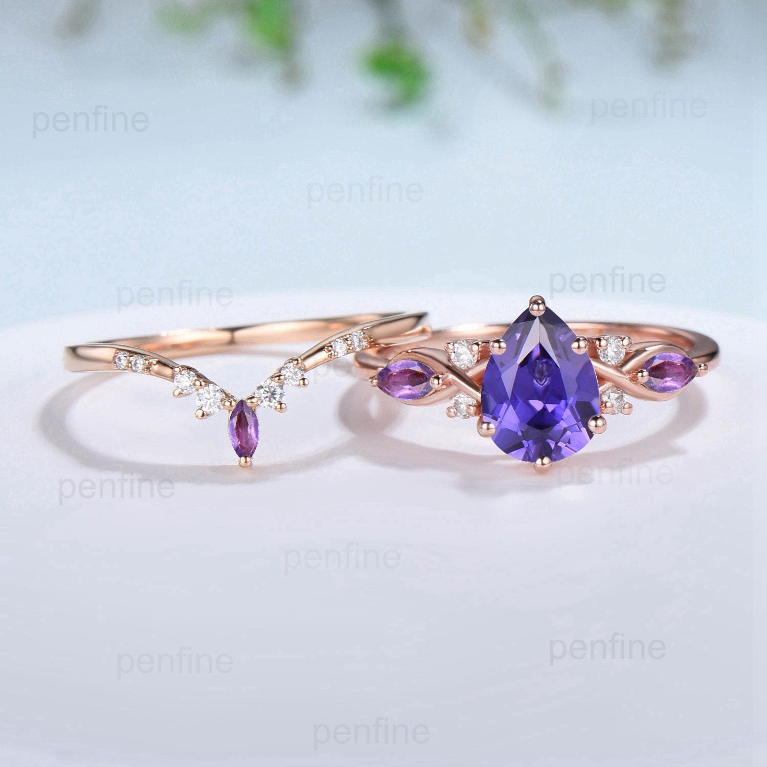 Vintage Elegant Pear Shaped Purple Sapphire Ring Set - Infinity Marquise Amethyst Crystal Engagement Ring for Women | Unique Wedding Proposal Gift, Anniversary Present & Romantic Occasion Jewelry