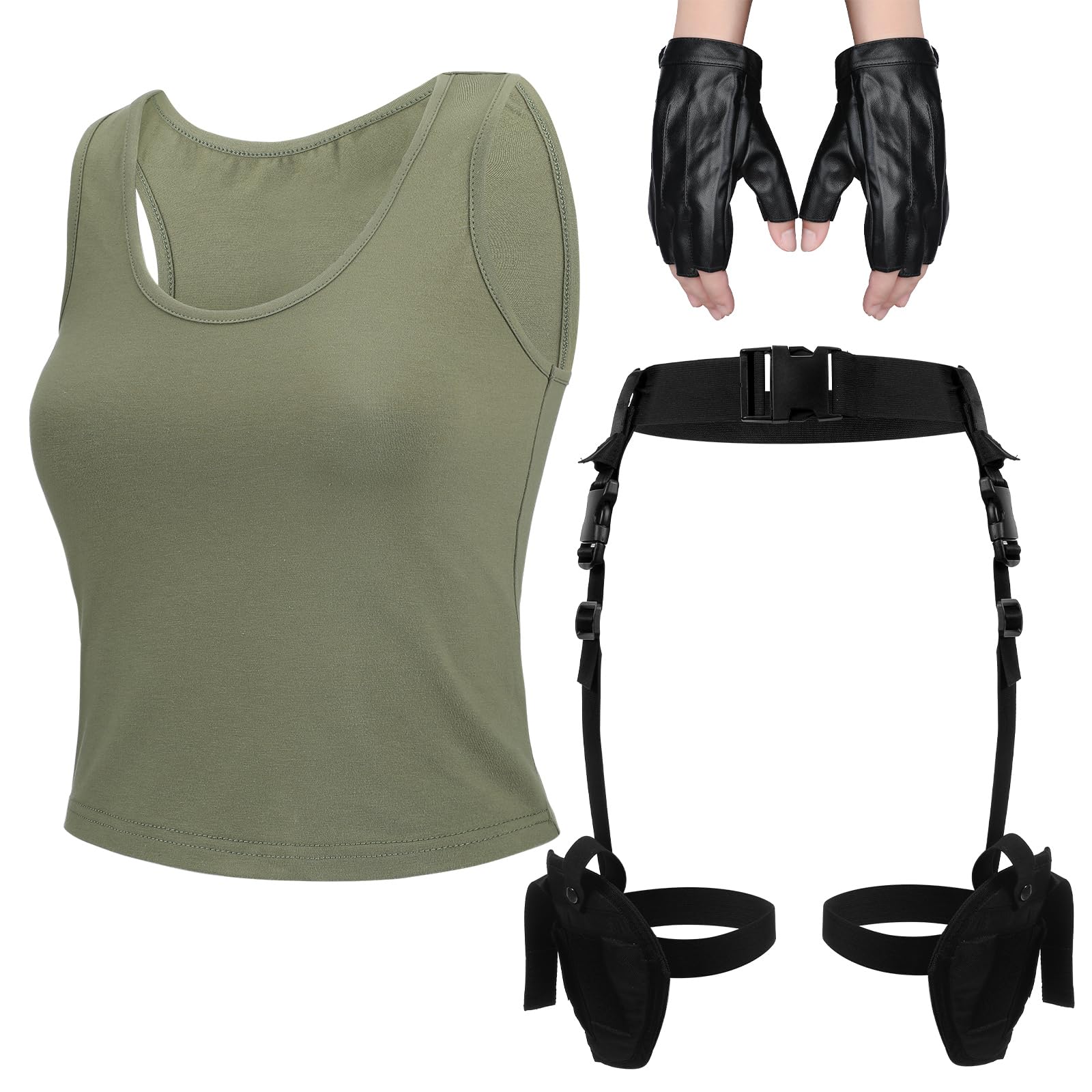 Jiuguva 3 Pcs Women's Halloween Thigh Holster Costume Set - Adjustable Leg Gun Holster with Leather Gloves & Crop Tank Top for Cosplay, Costume Parties & Halloween Events