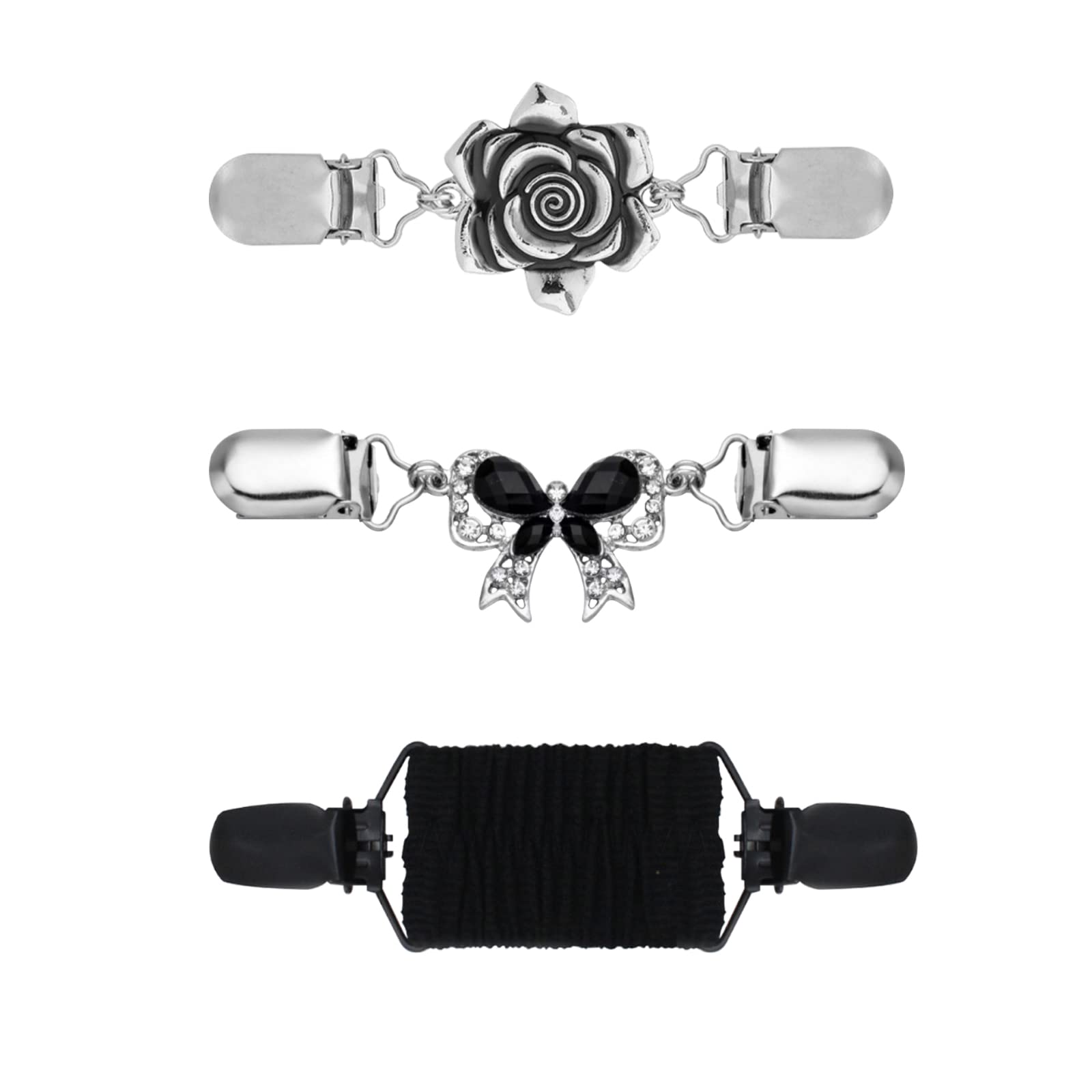 3 Pcs Vintage Elastic Shawl Cardigan Collar Clips & Waist Tightener Brooches for Women - 3 Stylish Designs for Cardigans, Dresses & Outerwear Accessories