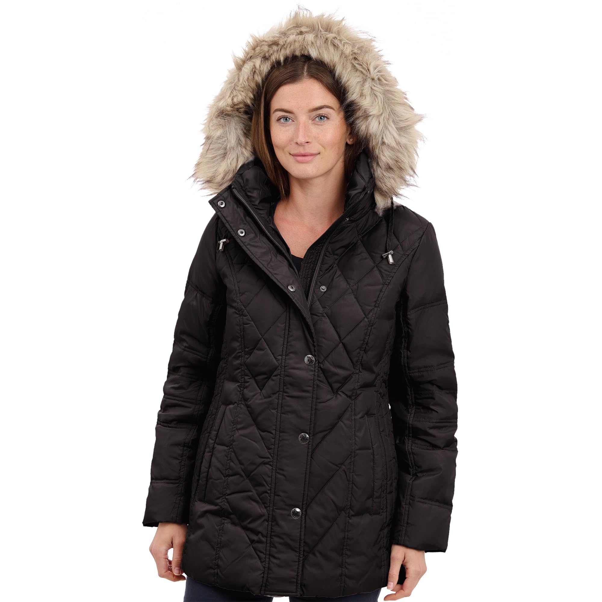 London Fog Women's Diamond Quilted Down Coat - Warm Winter Puffer Jacket with Hood, Water-Resistant, Lightweight for Outdoor Activities, Travel & Daily Commute