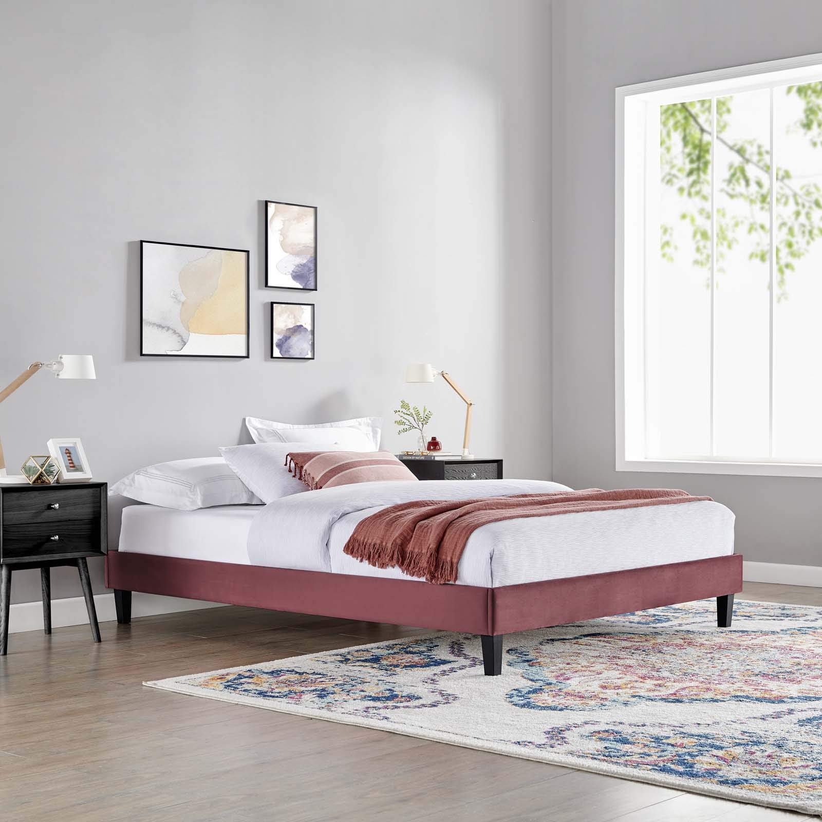 Modway Reign Platform Bed Frame - Twin Size, Dusty Rose Upholstered Bed - Perfect for Small Bedrooms, Guest Rooms & Dorm Rooms