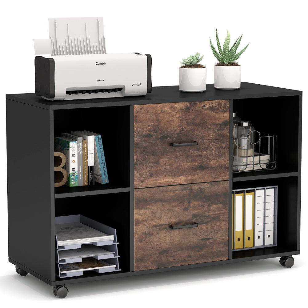 Tribesigns 2-Drawer File Cabinet with Wheels - Mobile Lateral Filing Cabinet for Letter Size Documents, Printer Stand with Storage Shelves - Perfect for Home Office Organization (Black/Rustic) | Workspace Storage Solution & File Management for Small Offices