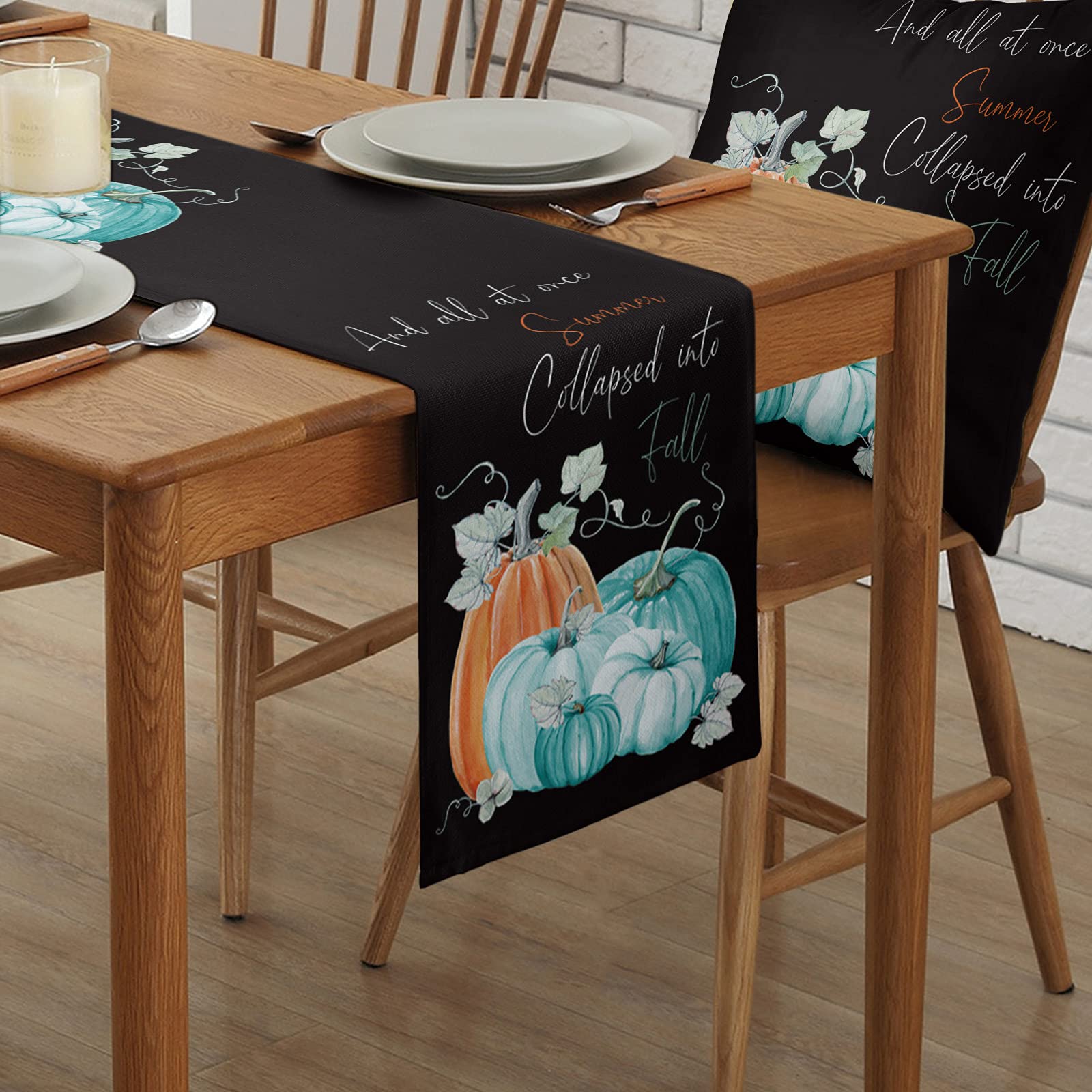 108 Inch Fall Thanksgiving Pumpkin Burlap Linen Table Runner - Farmhouse Kitchen Dining Decor for Coffee Table, Wedding, Banquet & Party | Autumn Aqua Pumpkin Black Home Decoration | Perfect for Harvest Season, Holiday Gatherings & Farmhouse Style Dining