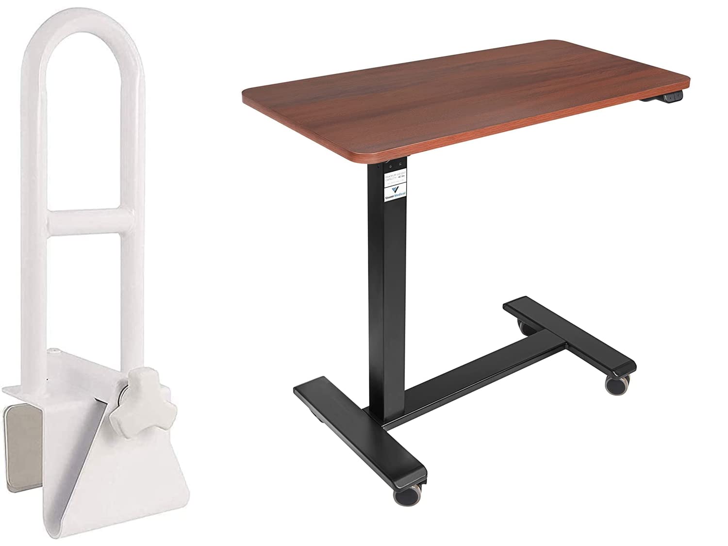 Vaunn Medical Adjustable Bathtub Safety Rail & Electric Overbed Table Set - Elderly Bathroom Safety & Hospital Bedside Convenience for Seniors & Patients