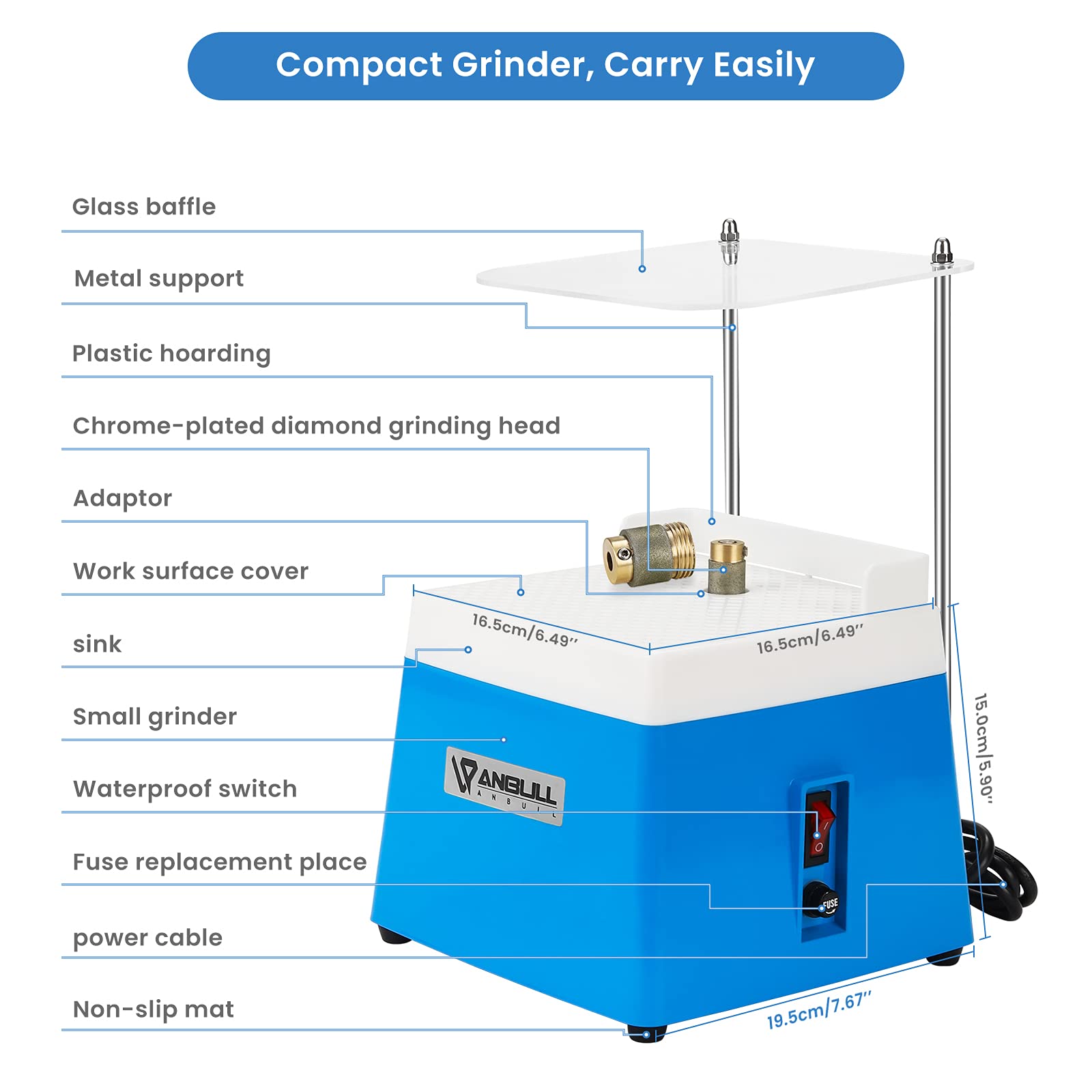 ANBULL Mini Portable Stained Glass Grinder Machine - 65W 110V Art Grinding Tool with 5/8