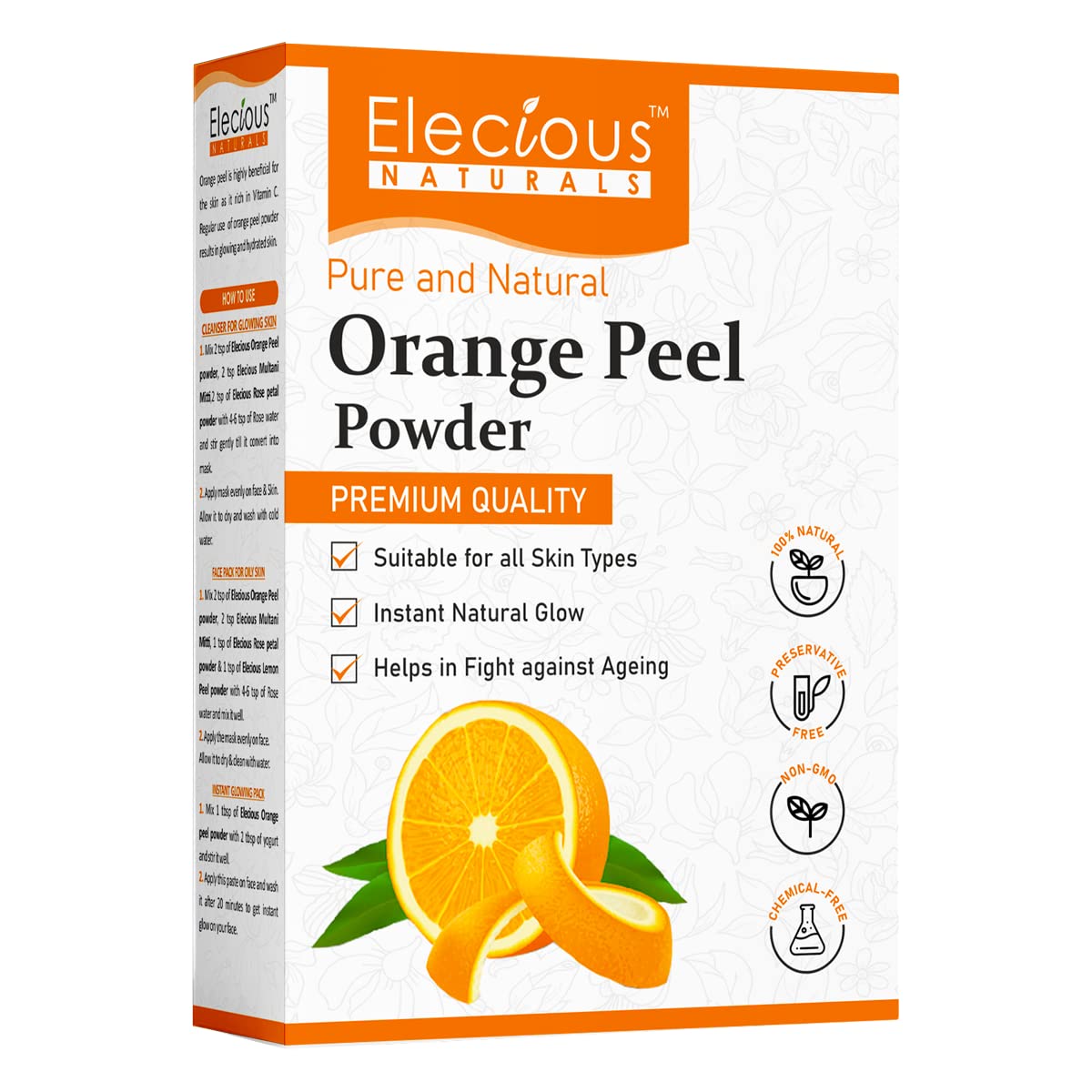 Elecious 100% Natural Orange Peel Powder for Skin & Face (200g) | Chemical-Free, Preservative-Free | Tan Removal, Face Cleansing & Glowing Skin | DIY Face Masks, Scrubs & Beauty Treatments