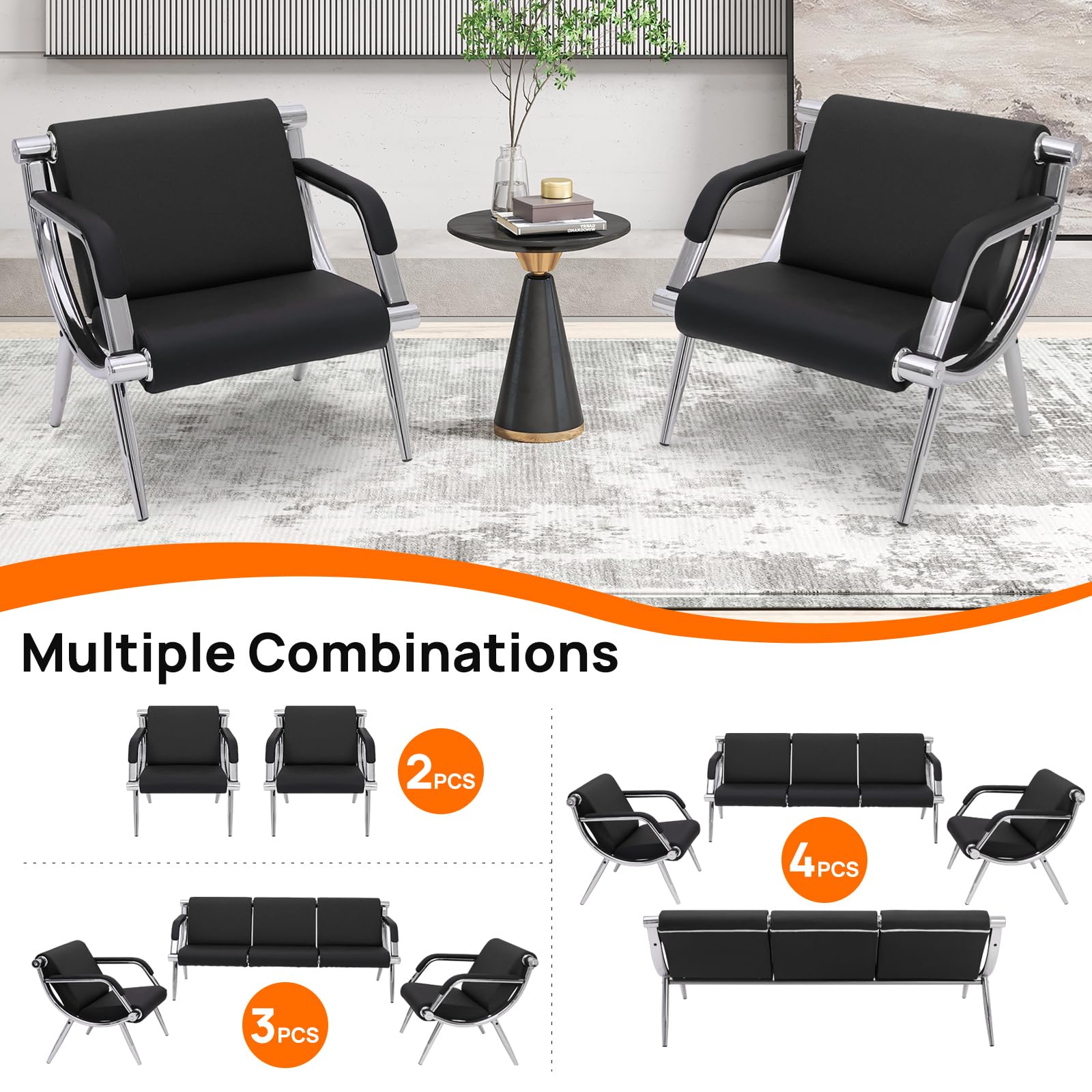 Premium PU Leather Waiting Room Chairs with Armrests - Modern Lobby, Conference & Reception Seating for Office, Clinic, Airport, Hospital, Salon & Bank (Set of 2, Black) - Perfect for Professional Spaces & High-Traffic Areas