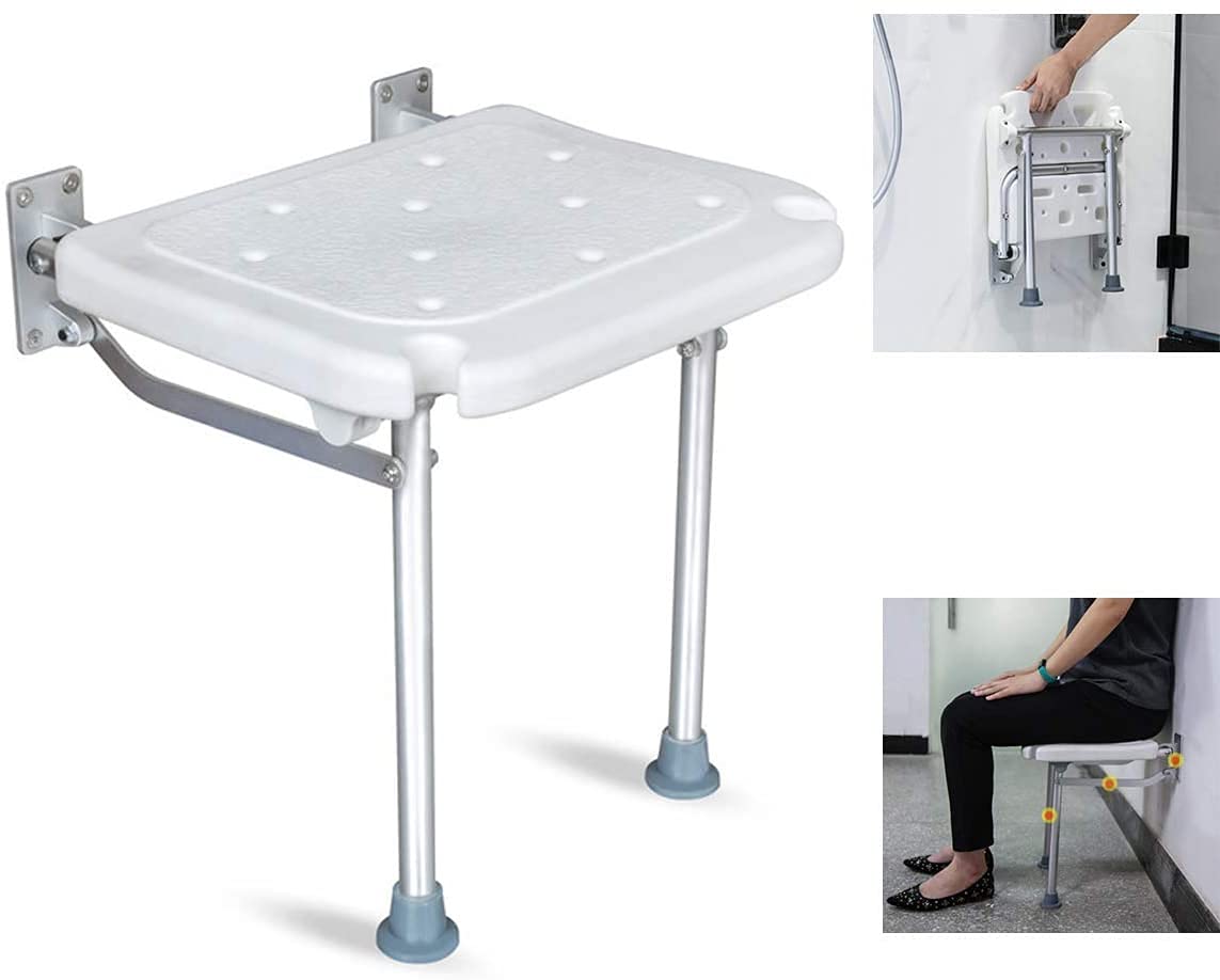 FXLYMR Folding Wall Mounted Shower Seat with Floor Support & Shower Head Holder - 200kg Weight Capacity for Elderly & Disabled - Perfect for Safe Bathing in Small Bathrooms & Accessible Showers