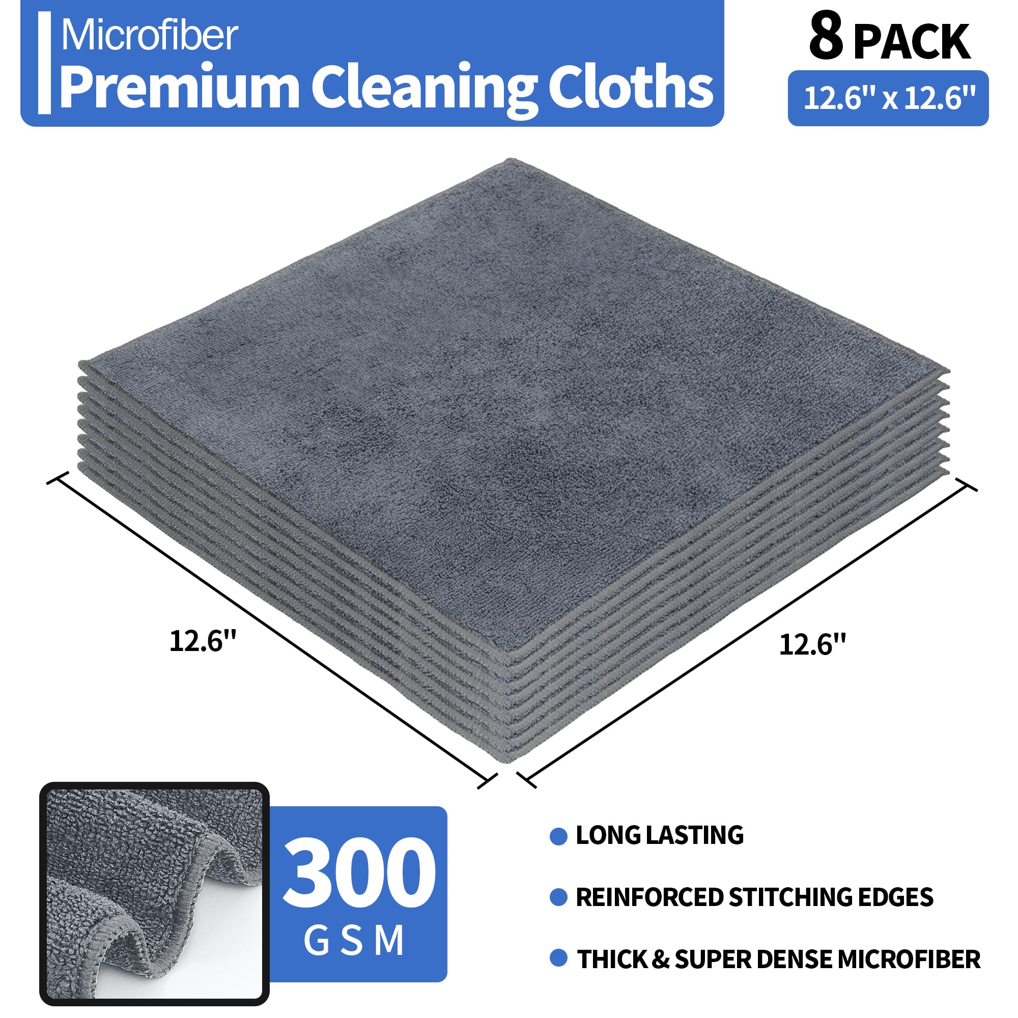 Premium Microfiber Cleaning Cloth 8-Pack, 12.6x12.6