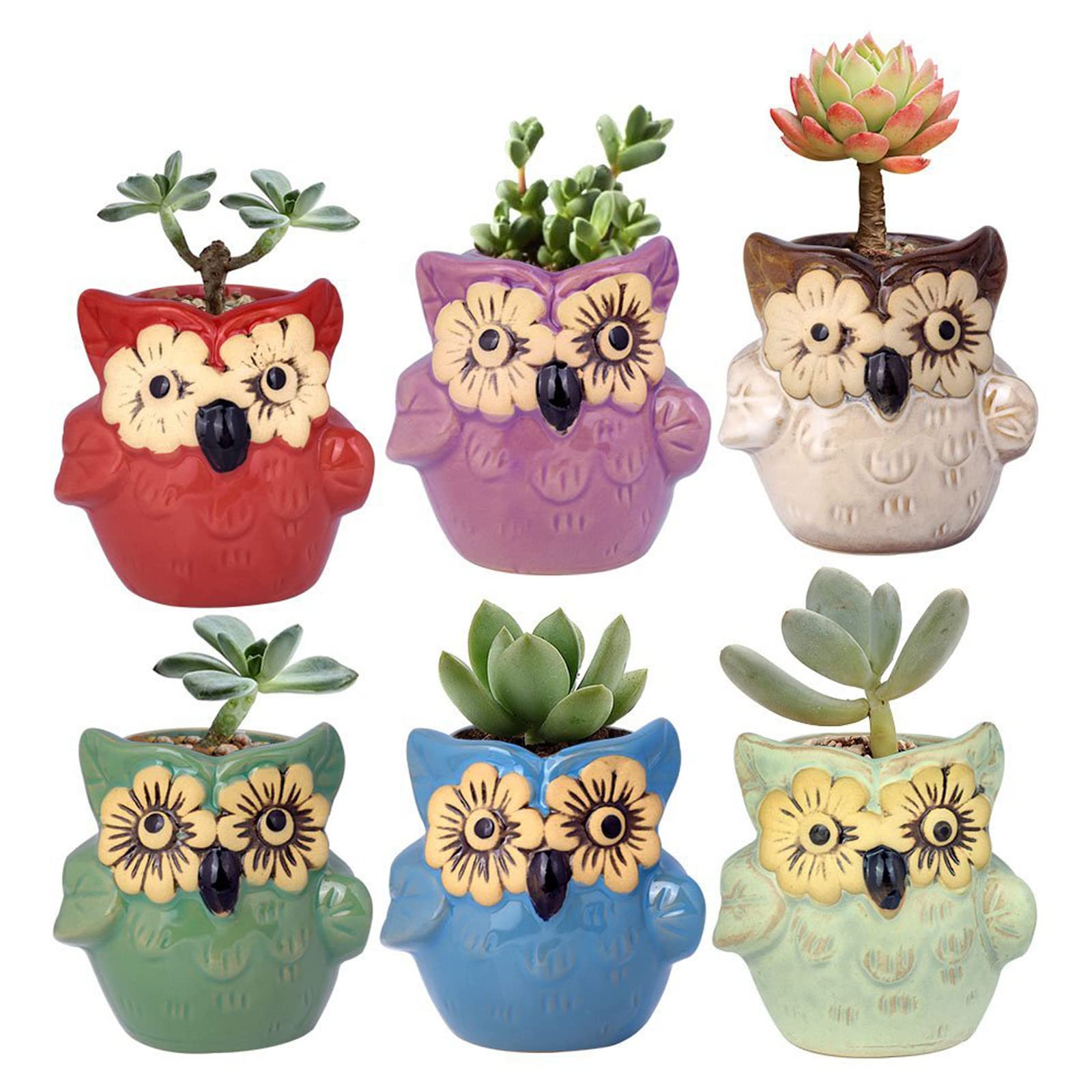 YXGLL 6-Piece 2.7 Inch Ceramic Owl Flower Pots - Cute Succulent Planters with Flowing Glaze Base, Desk Decor for Home Office & Garden