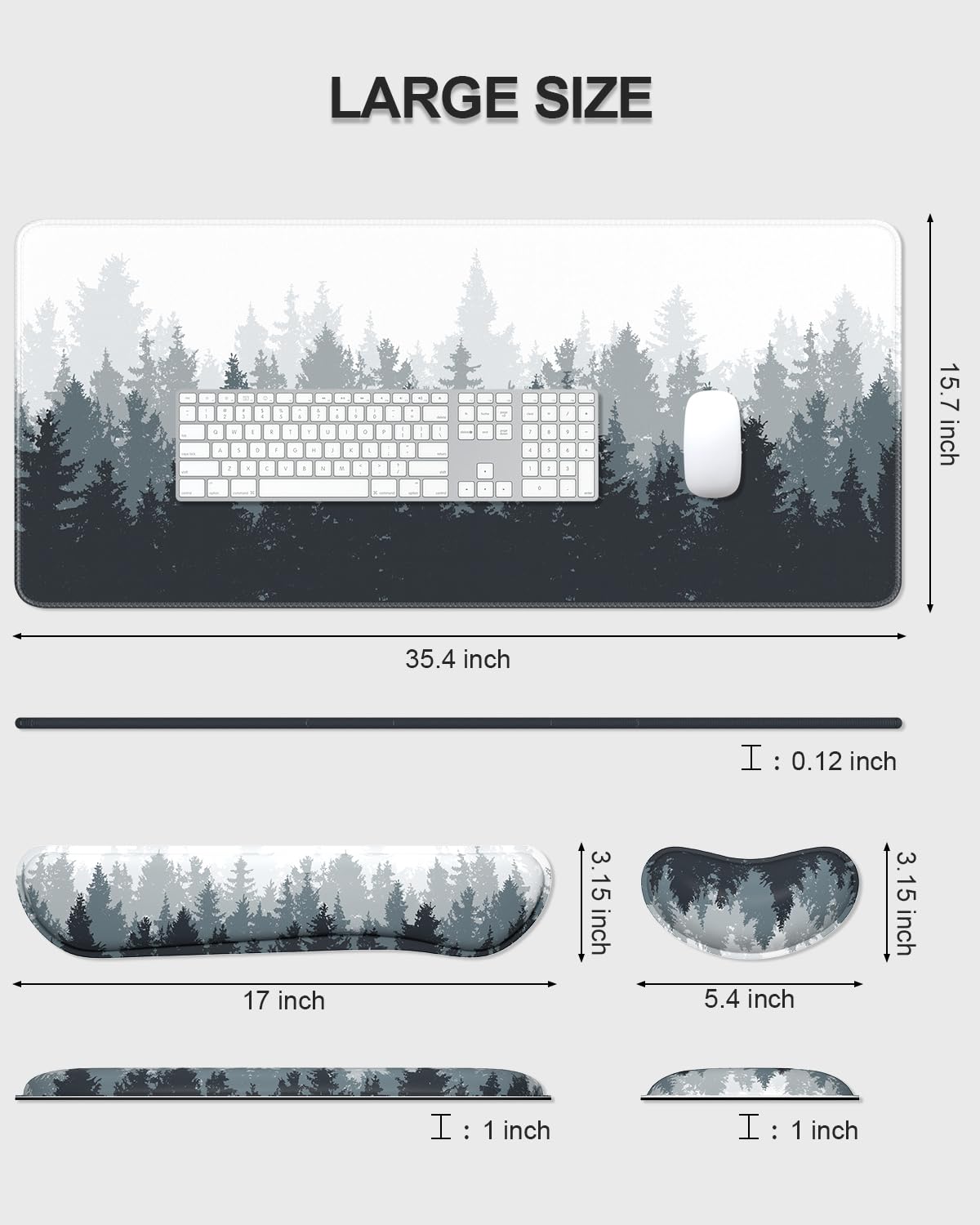 Auhoahsil 3-Piece Ergonomic Desk Set - Memory Foam Keyboard Wrist Rest, XXL Extended Gaming Mouse Pad & Mouse Wrist Pad - Comfortable Wrist Support for Office & Gaming - White Ink Forest Design for Men & Women - Perfect for Computer Workstations & Home Office Setup