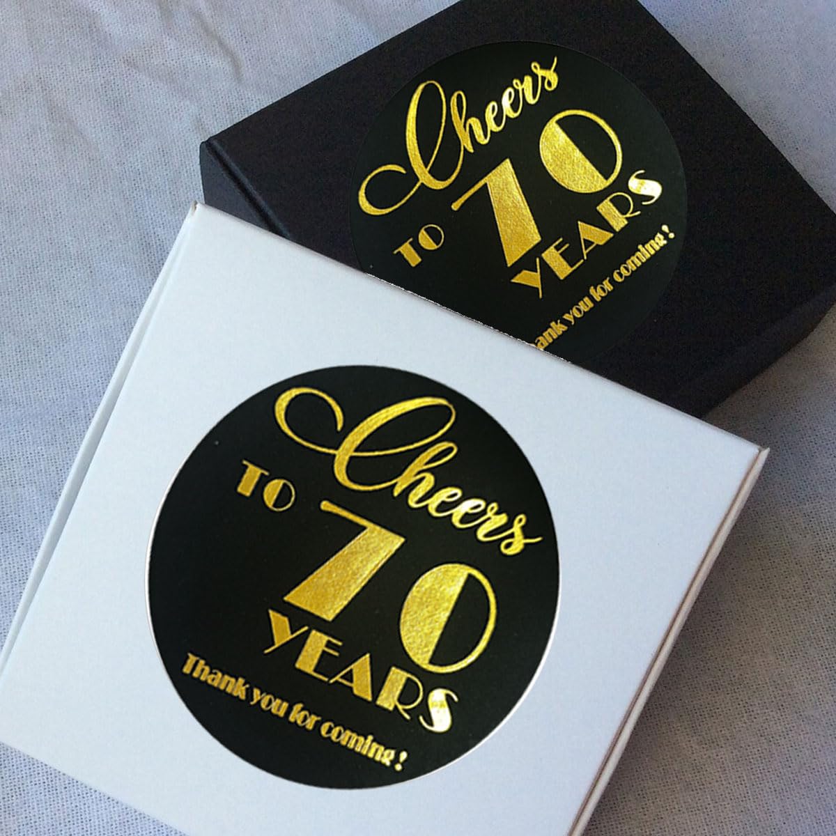 70th Birthday & Anniversary Party Stickers - Set of 100 Black & Real Gold Foil Round Labels (1.6