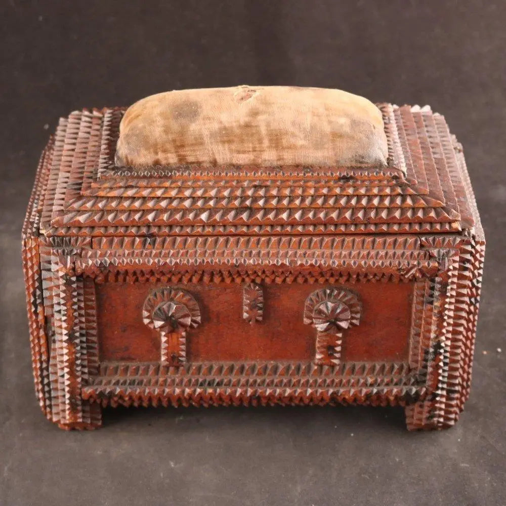 Vintage Tramp Art Sewing Box - Handcrafted Wooden Storage for Needlework & Embroidery Supplies | Perfect for Crafters & Collectors