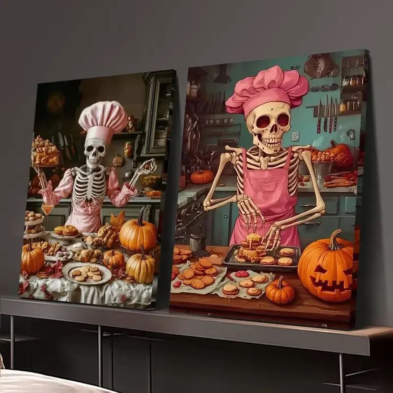 2PCS Skeleton Chef Food Art Canvas - 50x75cm Framed Wall Decor, High Quality Australian Made Print, Ready to Hang - Perfect for Restaurant, Kitchen & Home Decor